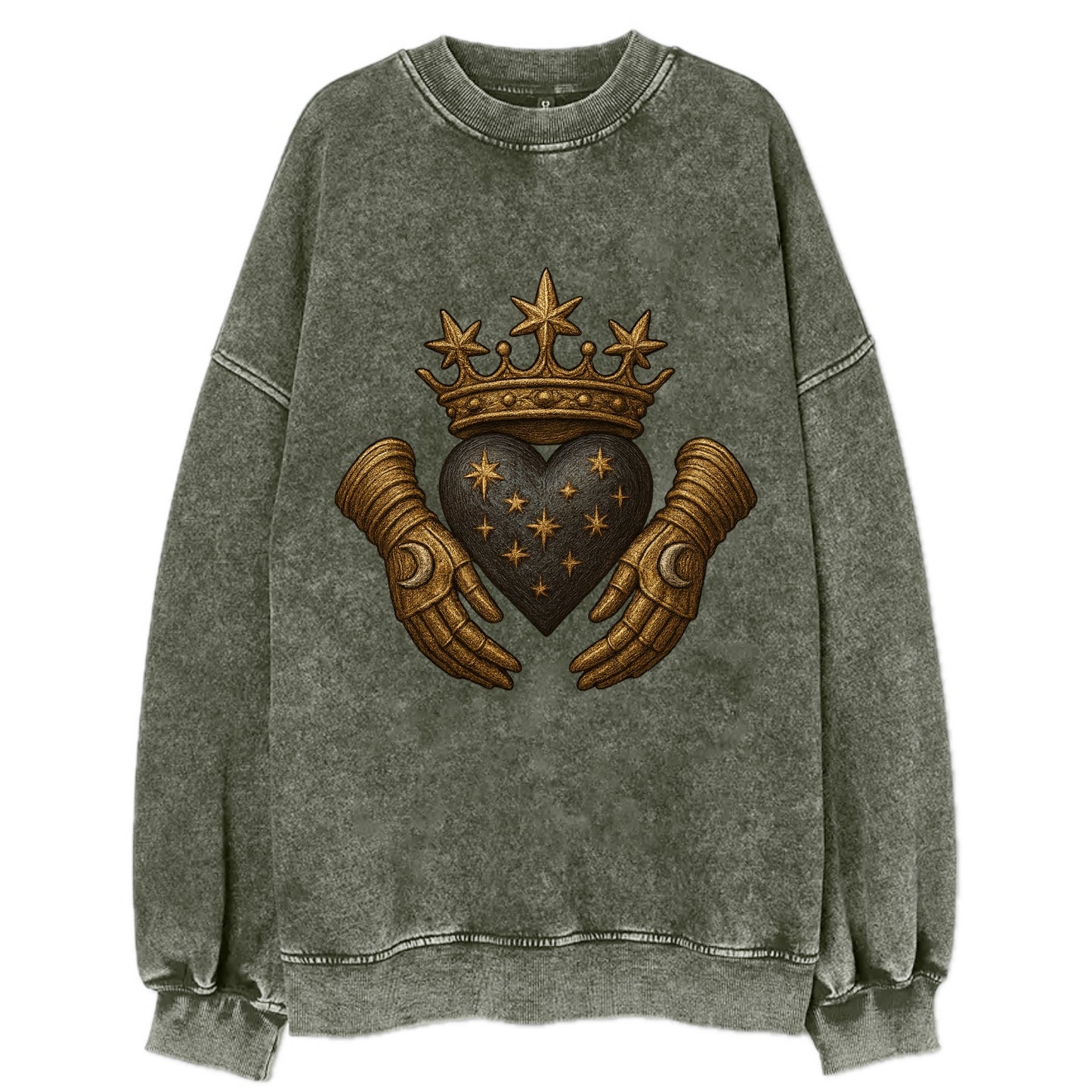 Ice crystal crown framing a frosted heart with fur-trimmed winter hands - Vintage Sweatshirt - Forest Mist(Green)