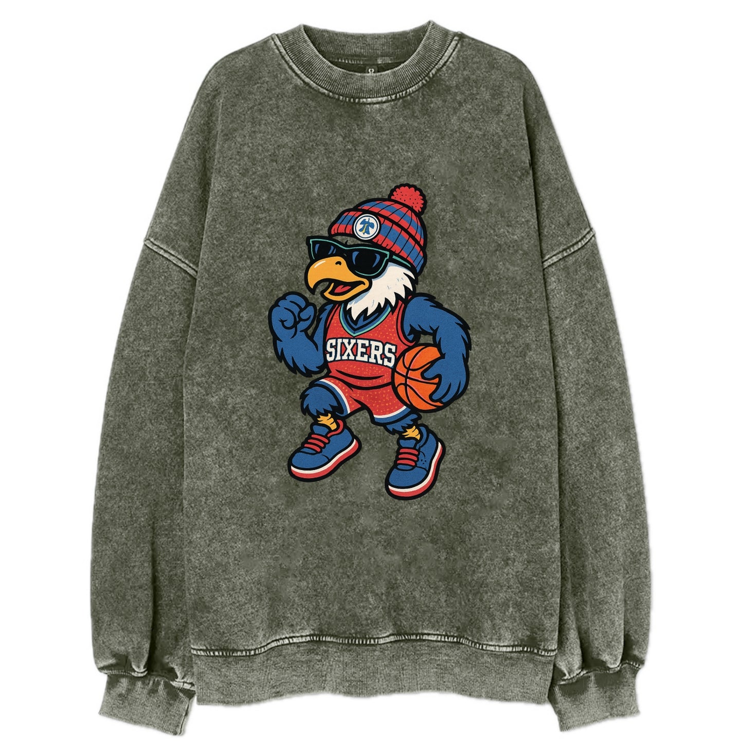 Philadelphia Eagle wearing 76ers red white and blue beanie with bell patch and - Vintage Sweatshirt - Forest Mist(Green)