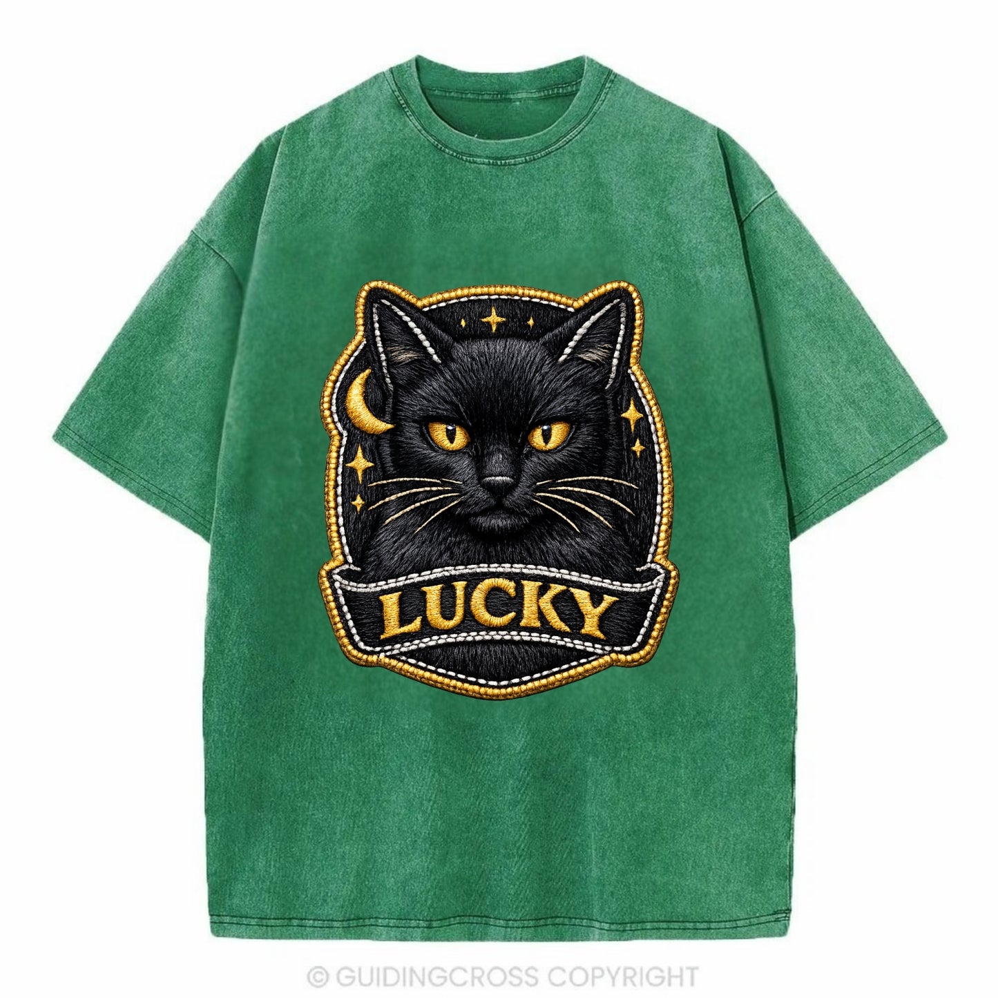 BLACK CAT LUCKY - sleek black cat with gold eyes in black , mysterious feline - Vintage T-shirt - Forest Mist(Green)