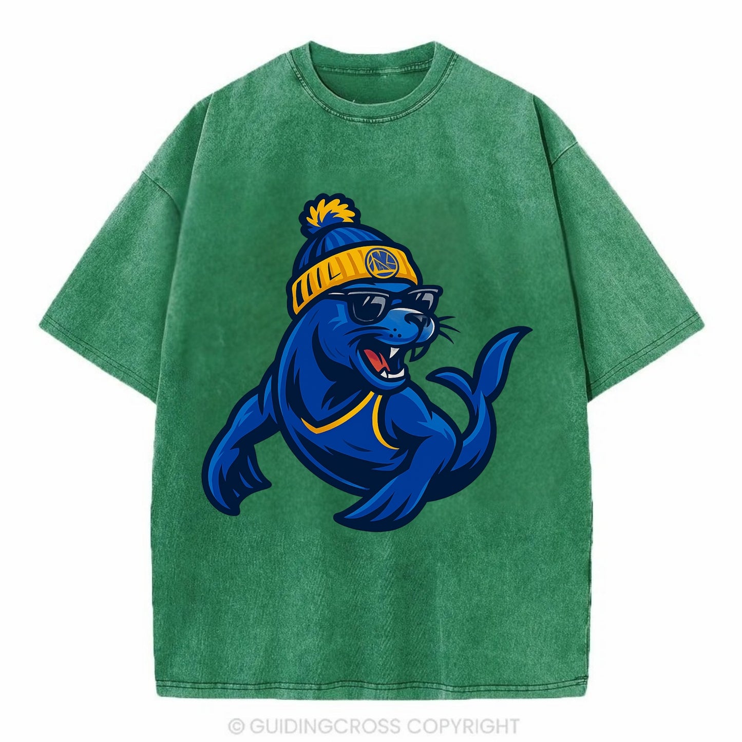 Bay Area Sea Lion wearing Warriors blue and gold beanie with Golden Gate and - Vintage T-shirt - Forest Mist(Green)