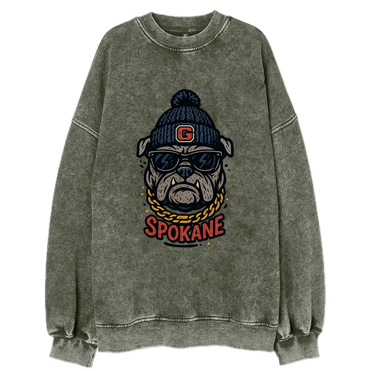 Spokane Bulldog wearing Gonzaga beanie with G patch - Vintage Sweatshirt - Forest Mist(Green)