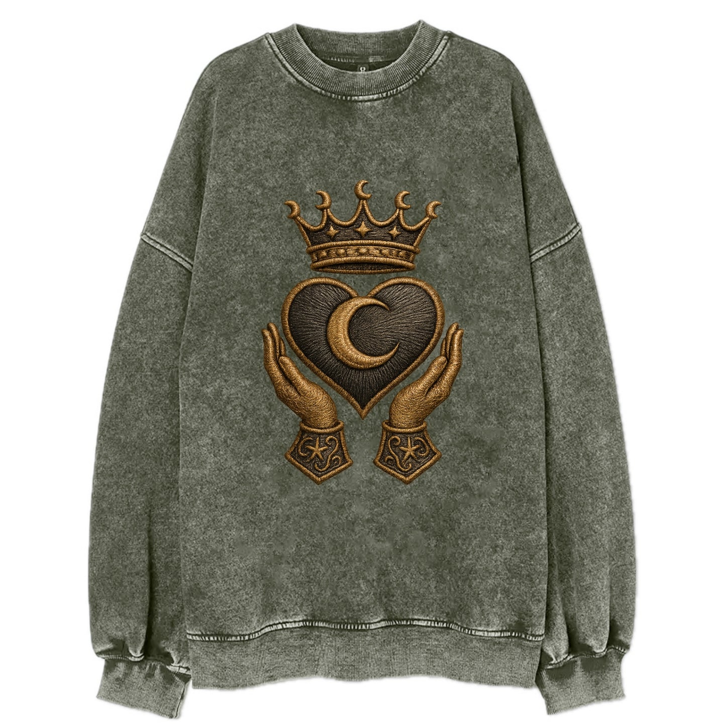 Moonlit crescent crown cradling a hematite heart with stargazer hands cupped - Vintage Sweatshirt - Forest Mist(Green)