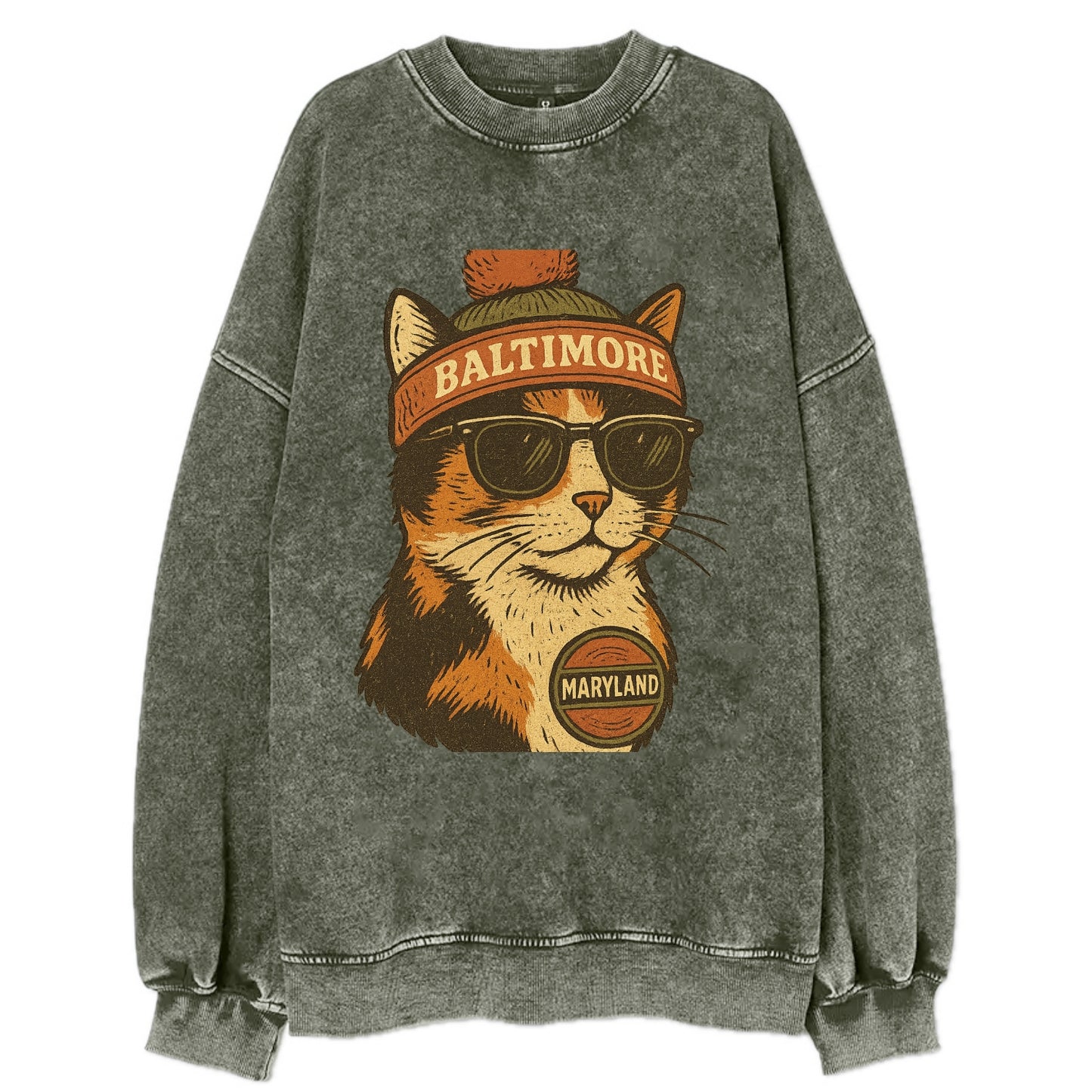 Maryland Calico Cat wearing Baltimore beanie with pom pom and wayfarer - Vintage Sweatshirt - Forest Mist(Green)