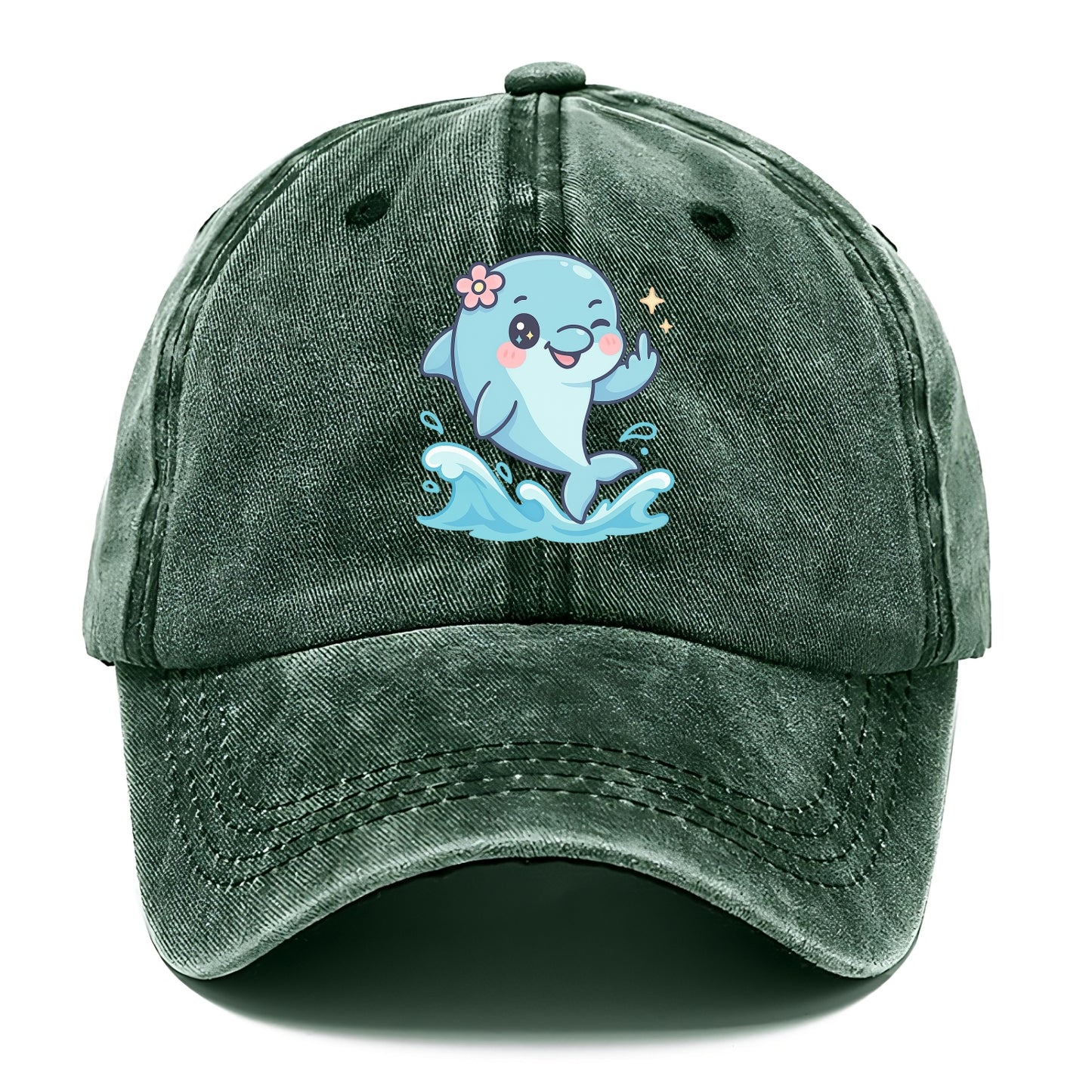 smiling dolphin jumping through ocean waves, one fin up with attitude - Classic Cap - Forest Mist(Green)