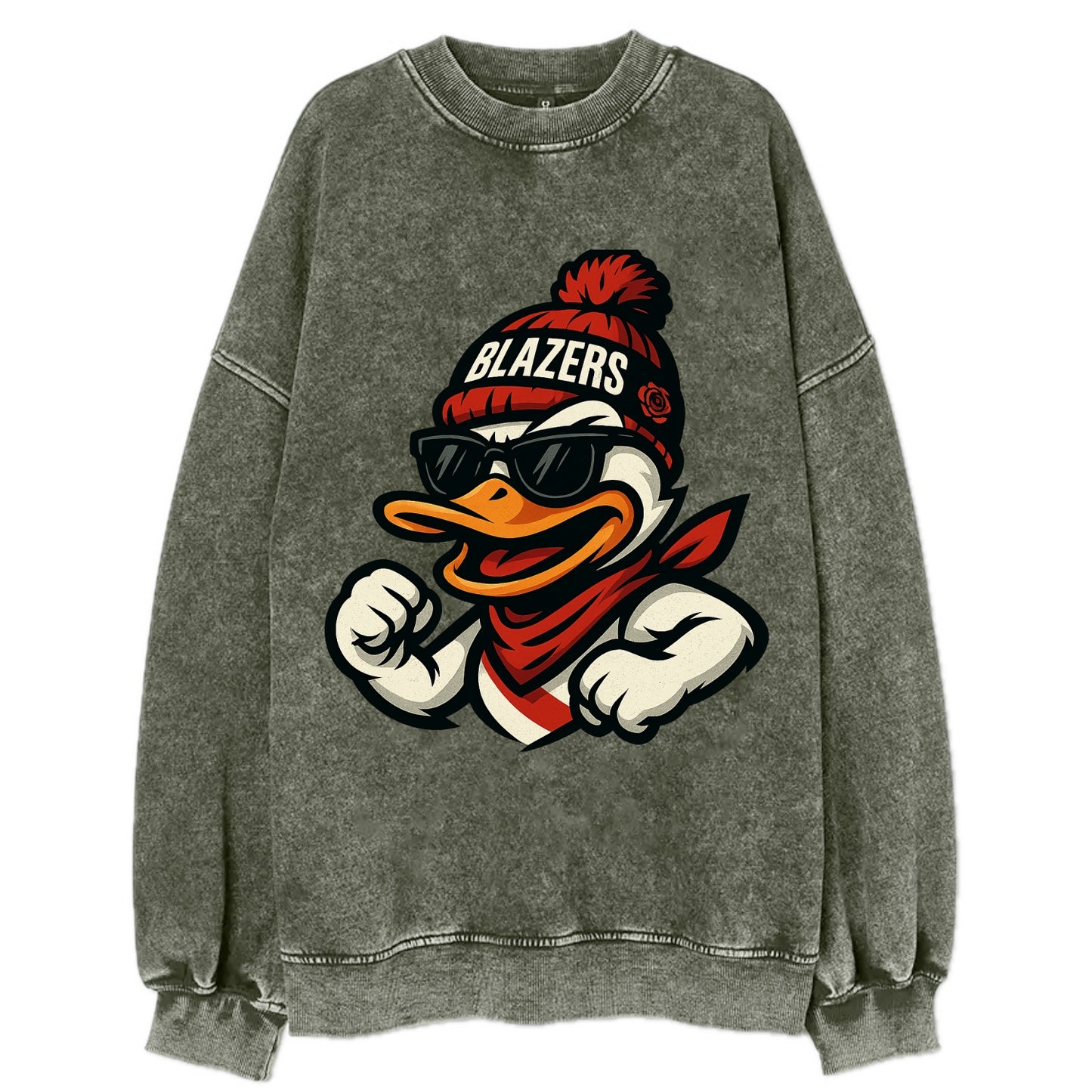 Oregon Duck wearing Trail Blazers beanie with rose patch and wayfarer - Vintage Sweatshirt - Forest Mist(Green)