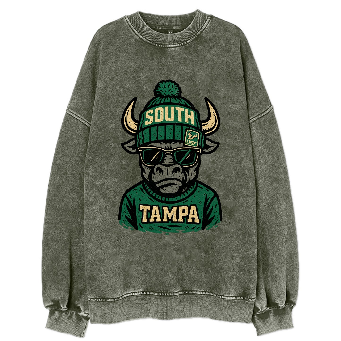 Tampa Bull wearing South Florida beanie with USF patch - Vintage Sweatshirt - Forest Mist(Green)