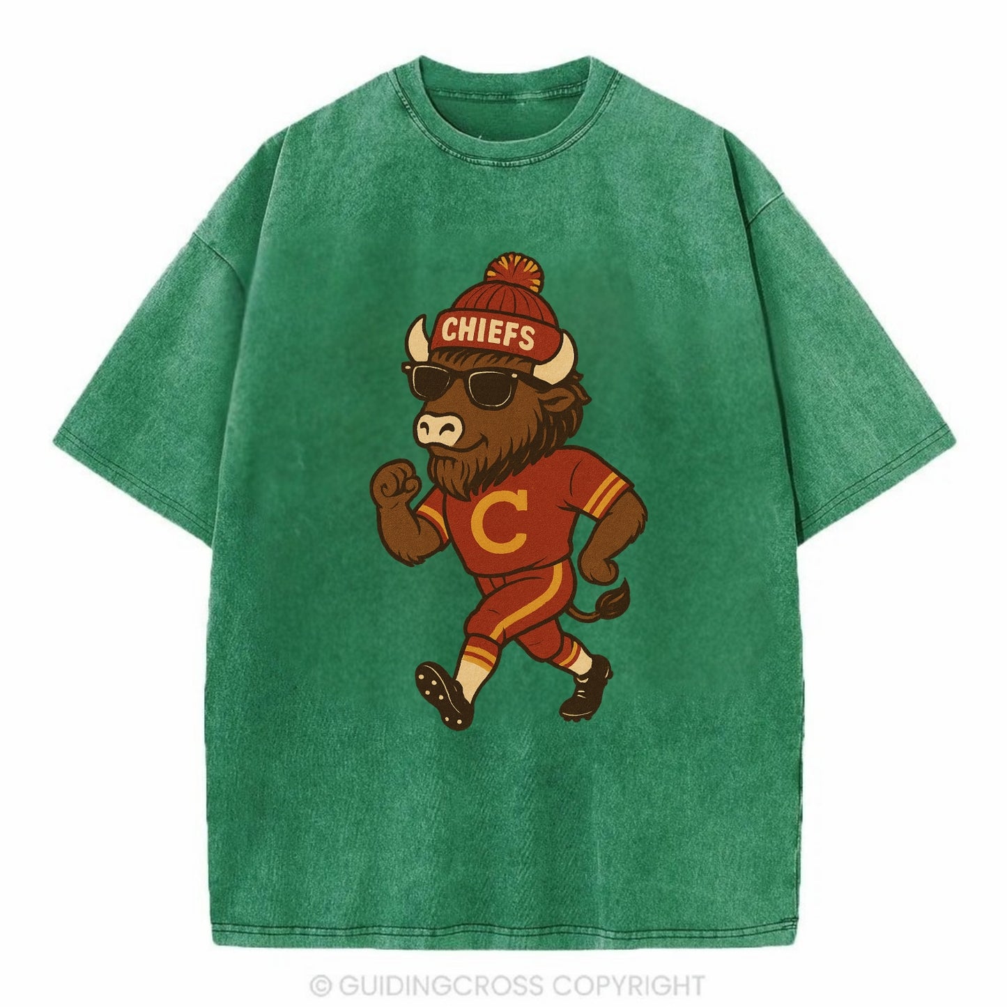 KC Bison wearing Chiefs beanie with arrowhead patch and wayfarer sunglasses - Vintage T-shirt - Forest Mist(Green)