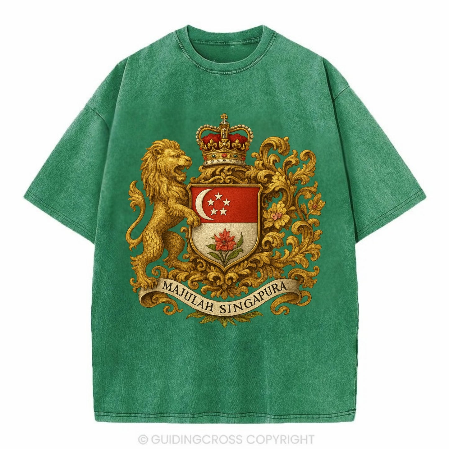 Singapore Merlion Emblem - Vintage T-shirt - Forest Mist(Green)