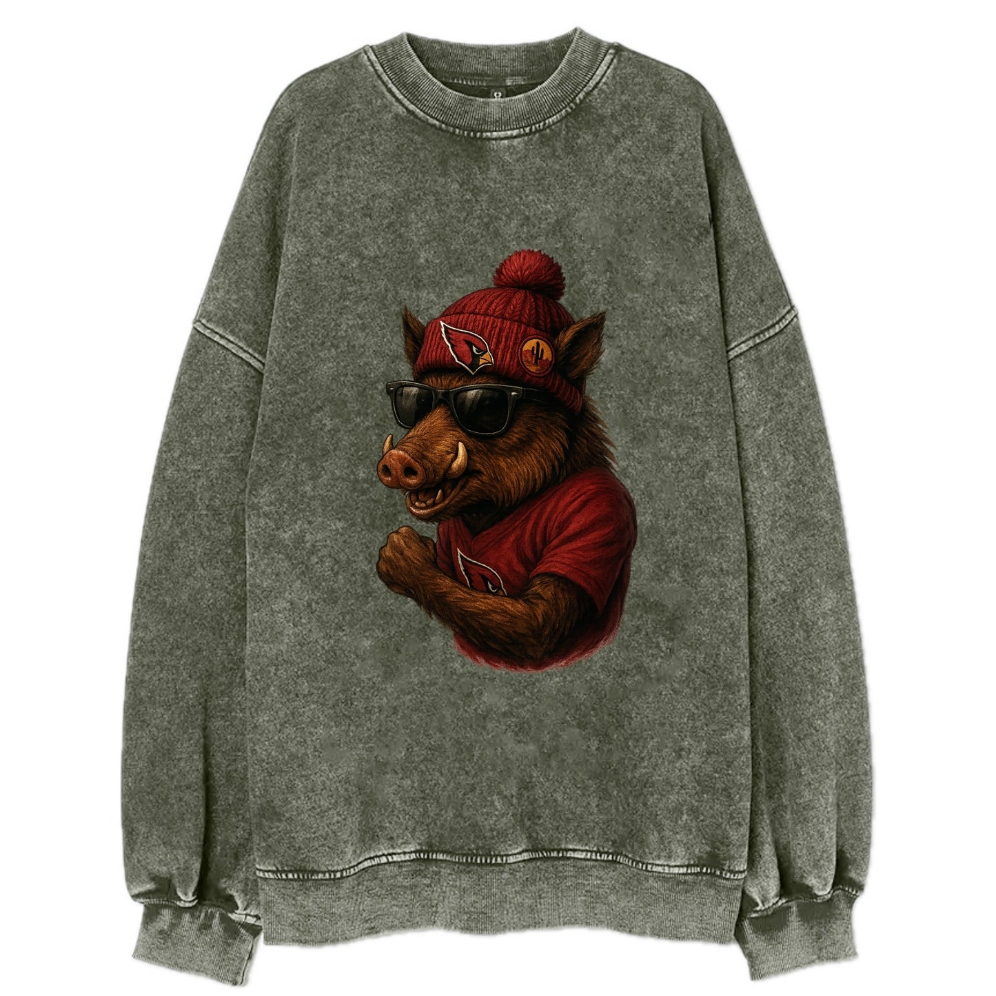 Arizona Javelina wearing Cardinals beanie with desert patch and wayfarer - Vintage Sweatshirt - Forest Mist(Green)