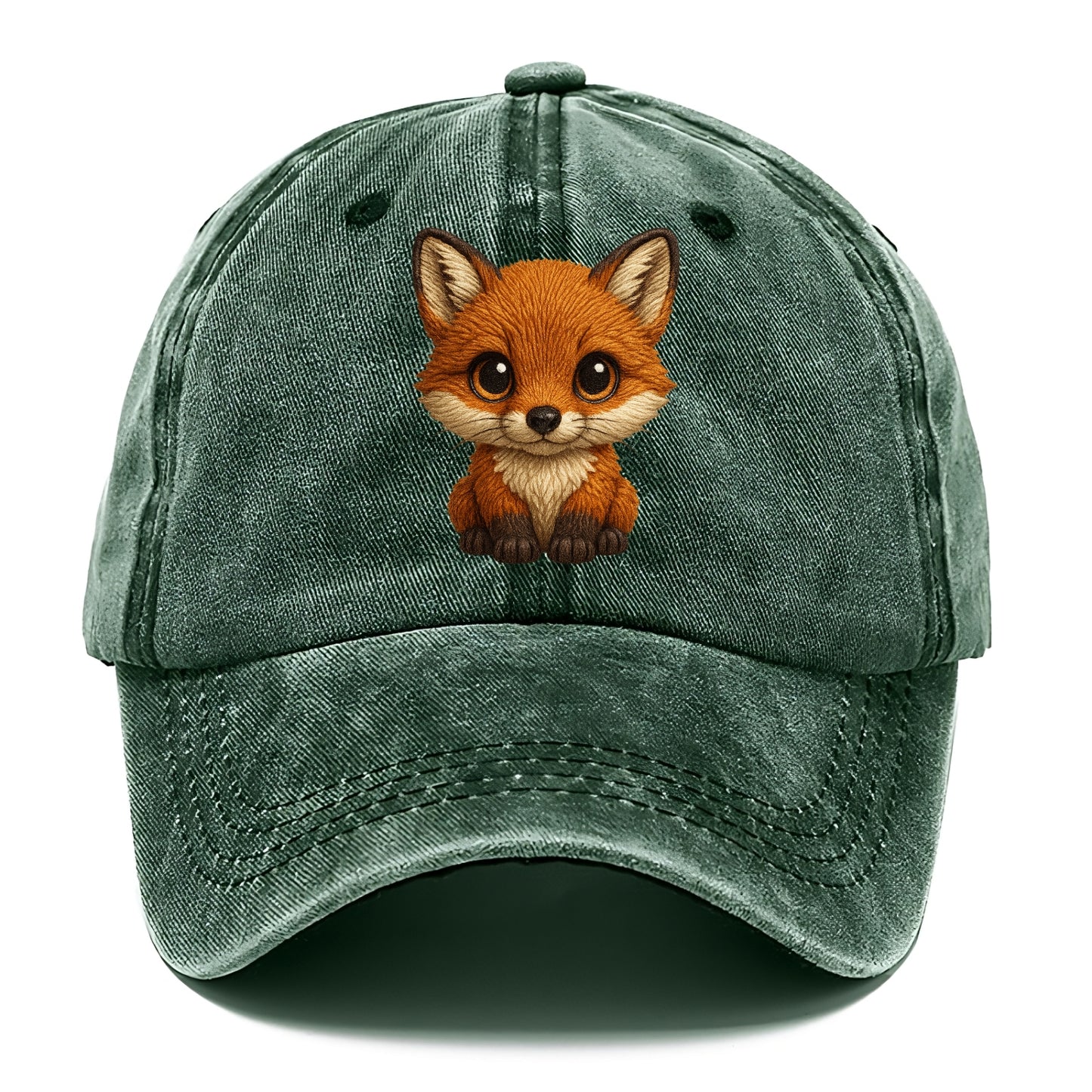Baby Red Fox - russet fur, white chest, big amber eyes, perky ears, front-facing, - Classic Cap - Forest Mist(Green)
