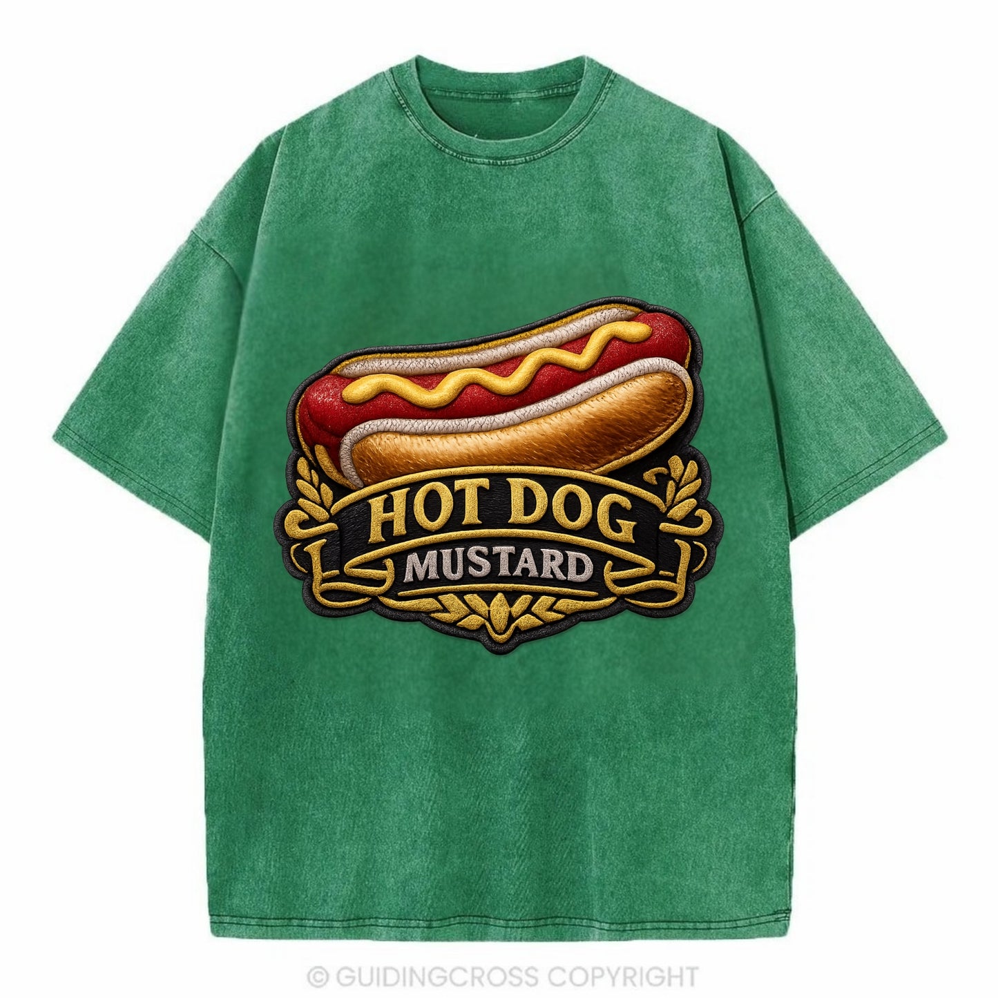 HOT DOG MUSTARD - classic hot dog in tan yellow red , ballpark food - Vintage T-shirt - Forest Mist(Green)