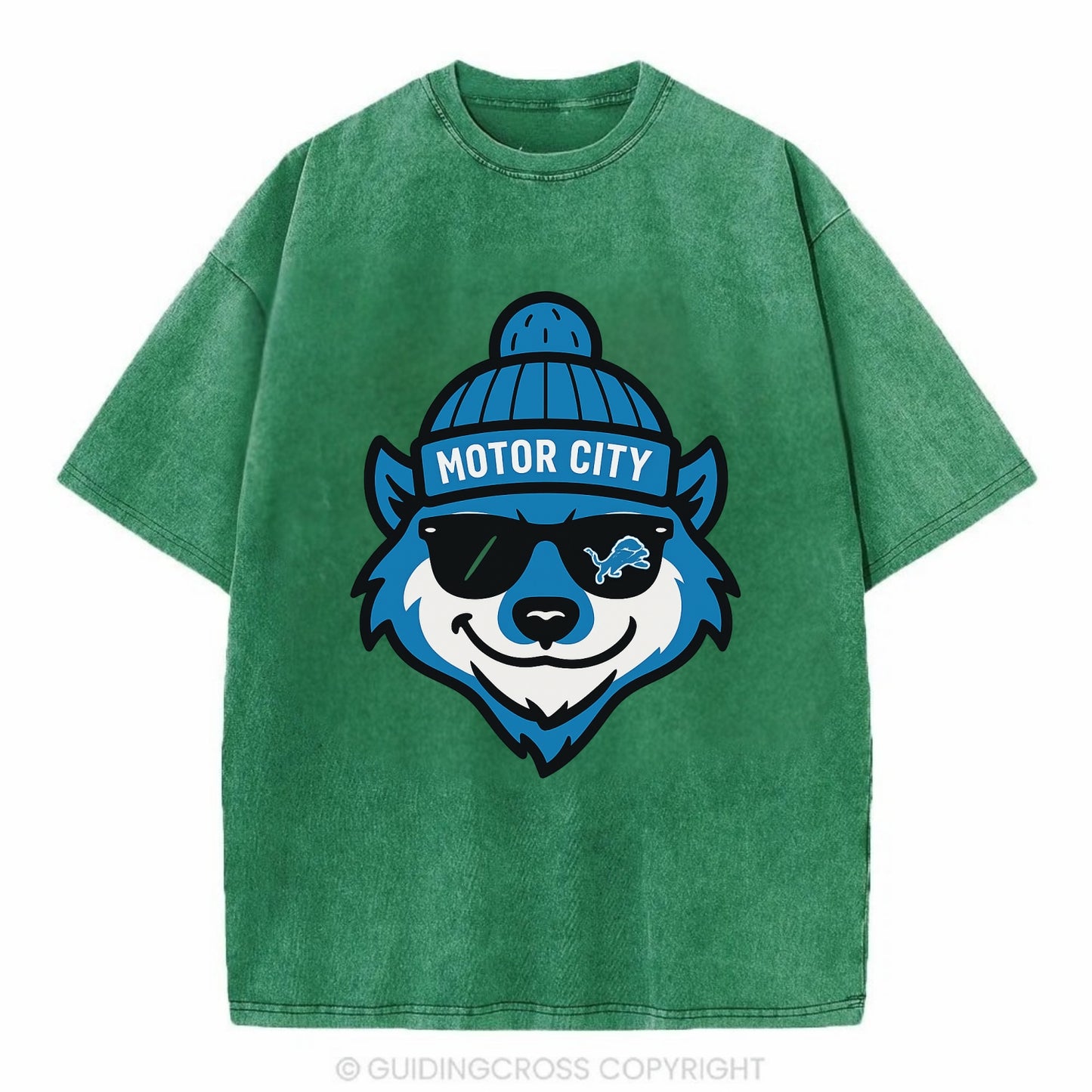 Motor City Wolverine wearing Lions beanie with gear patch and wayfarer sunglasses - Vintage T-shirt - Forest Mist(Green)