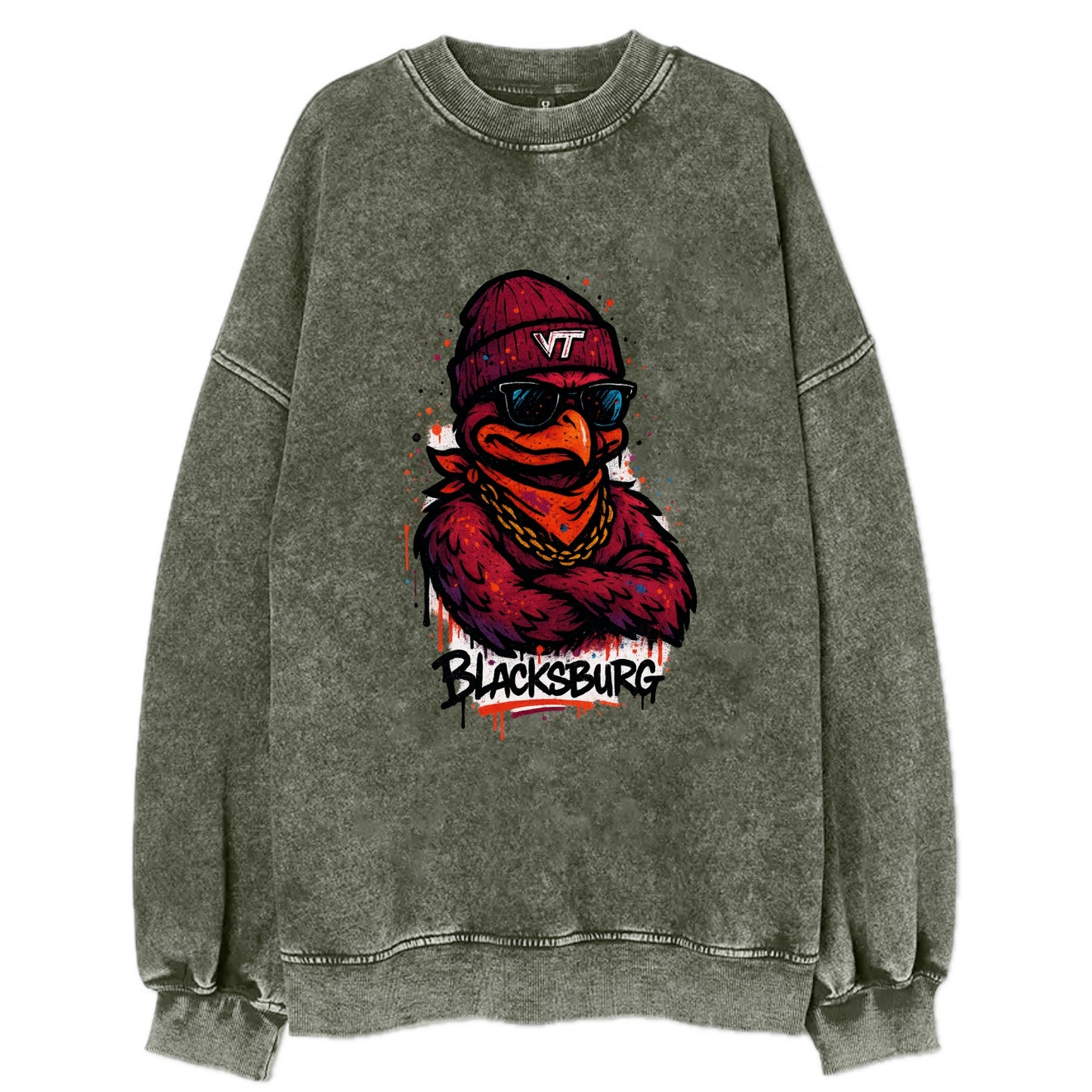 Blacksburg HokieBird wearing Virginia Tech beanie with VT patch - Vintage Sweatshirt - Forest Mist(Green)