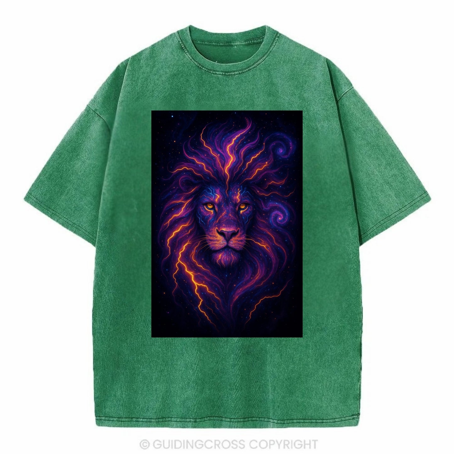 Regal lion with mane made of electric currents, neon yellow and hot pink energy - Vintage T-shirt - Forest Mist(Green)