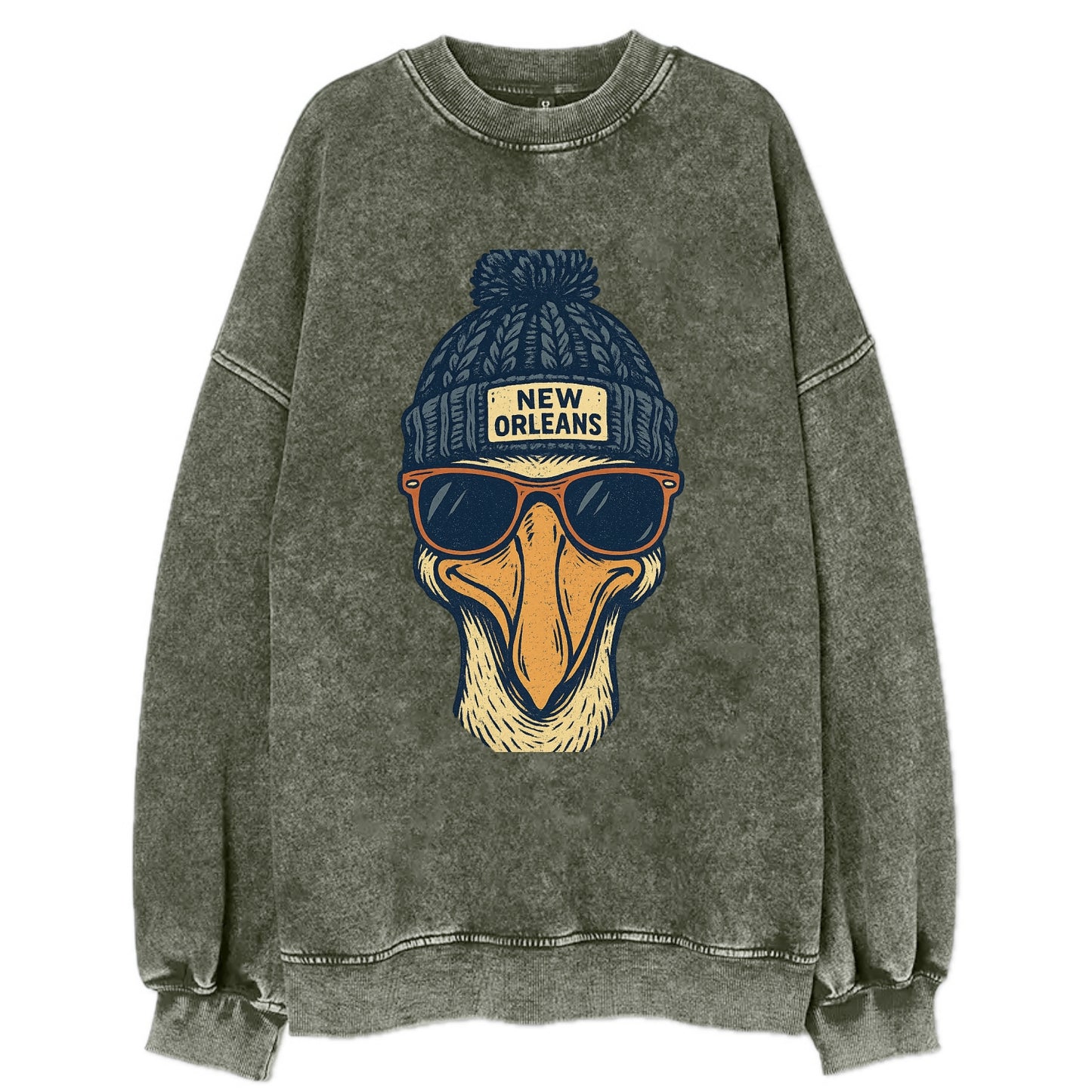 New Orleans Pelican wearing New Orleans beanie with pom pom and wayfarer - Vintage Sweatshirt - Forest Mist(Green)