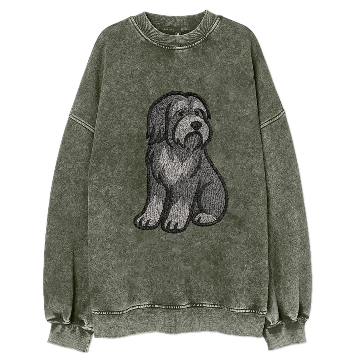 Bearded Collie - Gray shaggy coat embroidered pose - Vintage Sweatshirt - Forest Mist(Green)