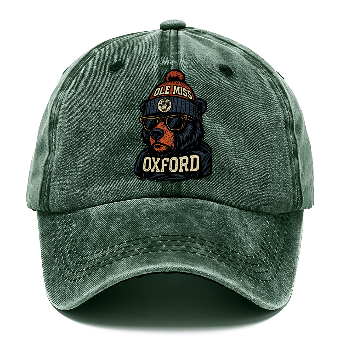 Oxford Black Bear wearing Ole Miss beanie with rebel patch - Classic Cap - Forest Mist(Green)