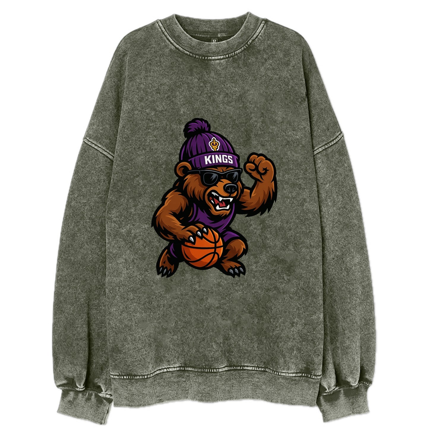 California Grizzly wearing Kings beanie with royal scepter patch and wayfarer - Vintage Sweatshirt - Forest Mist(Green)