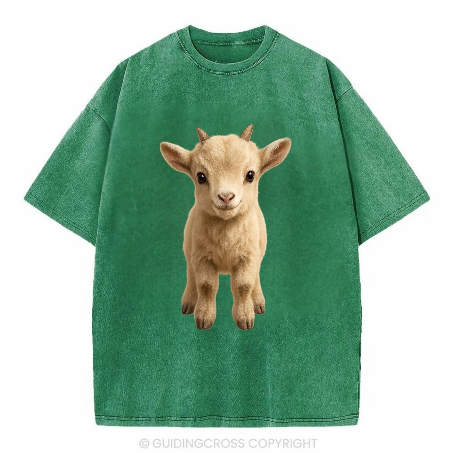 Baby Goat Kid - small horns, rectangular pupils, fluffy, playful eyes, - Vintage T-shirt - Forest Mist(Green)