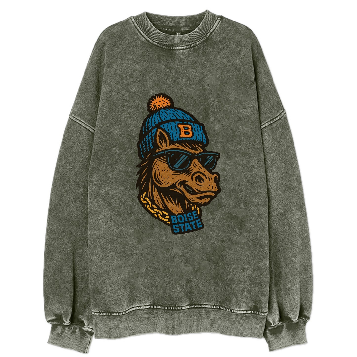 Boise Bronco wearing Boise State beanie with B patch - Vintage Sweatshirt - Forest Mist(Green)