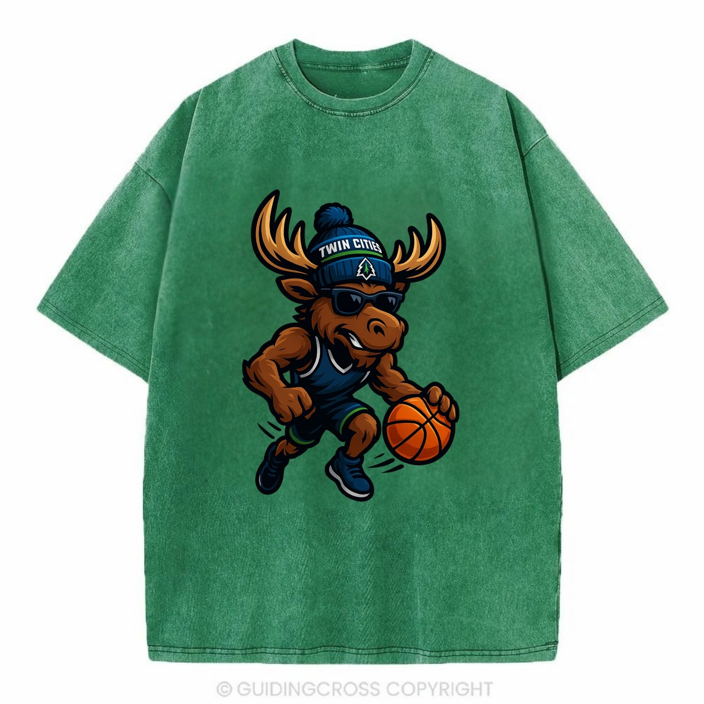 Twin Cities Moose wearing Timberwolves beanie with pine tree patch and wayfarer - Vintage T-shirt - Forest Mist(Green)