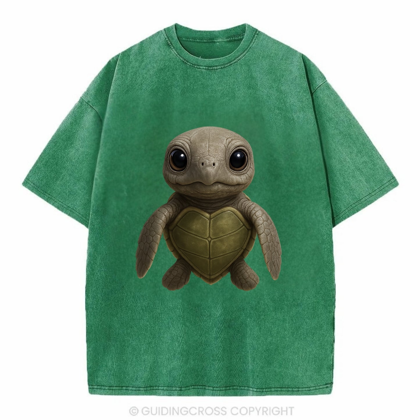Baby Olive Ridley Turtle - olive green shell, heart-shaped carapace, bright eyes, - Vintage T-shirt - Forest Mist(Green)
