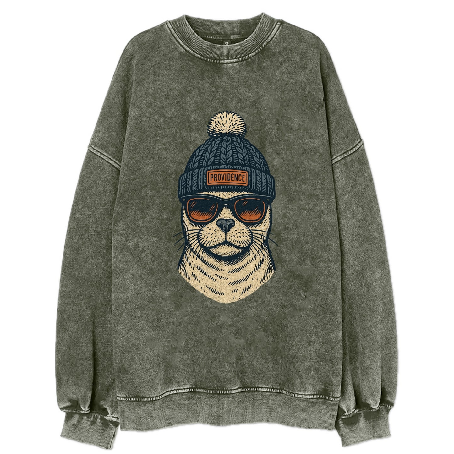 Rhode Island Harbor Seal wearing Providence beanie with pom pom and wayfarer - Vintage Sweatshirt - Forest Mist(Green)