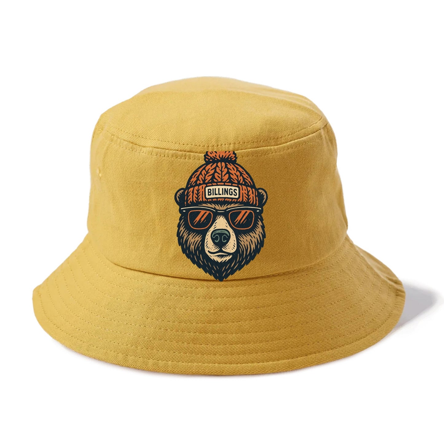 Montana Grizzly Bear wearing Billings beanie with pom pom and wayfarer sunglasses - Bucket Hat - Golden Harvest(Yellow)