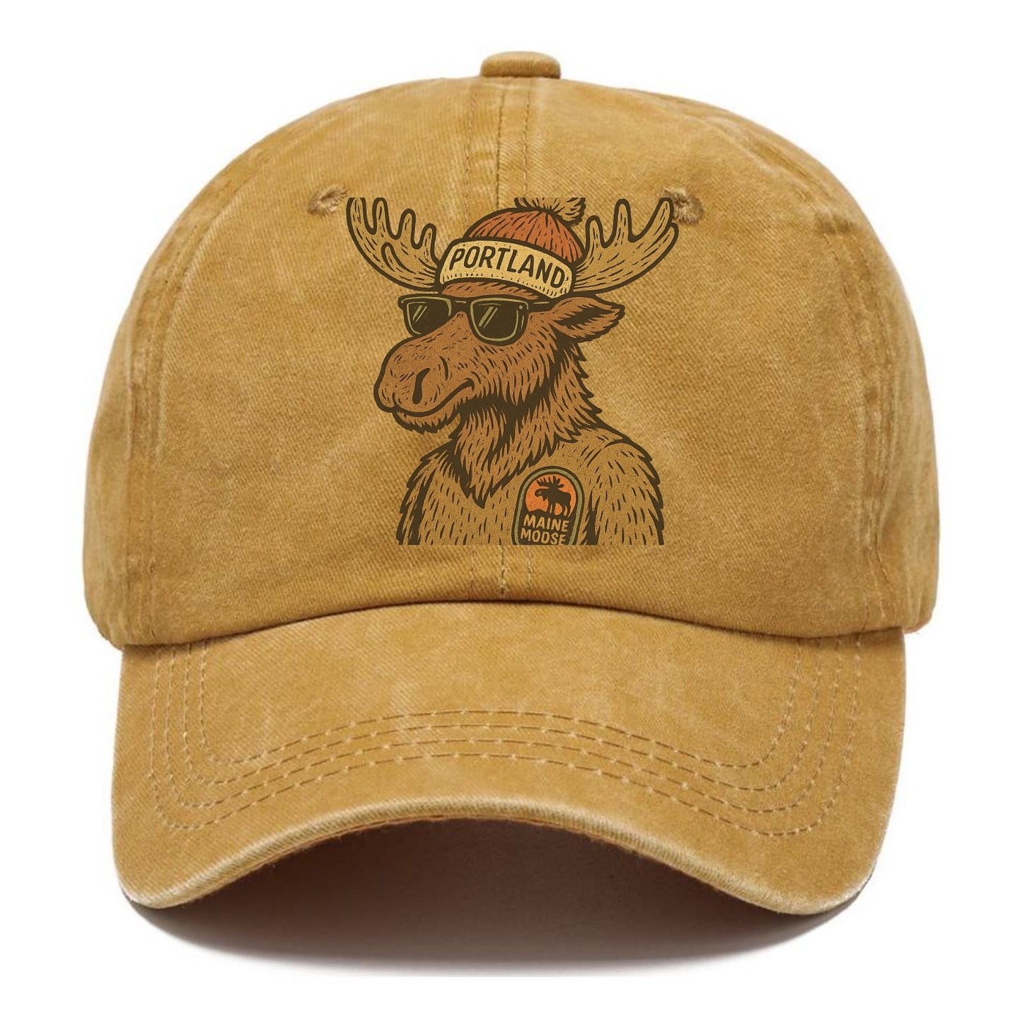 Maine Moose wearing Portland beanie with pom pom and wayfarer sunglasses - Classic Cap - Golden Harvest(Yellow)