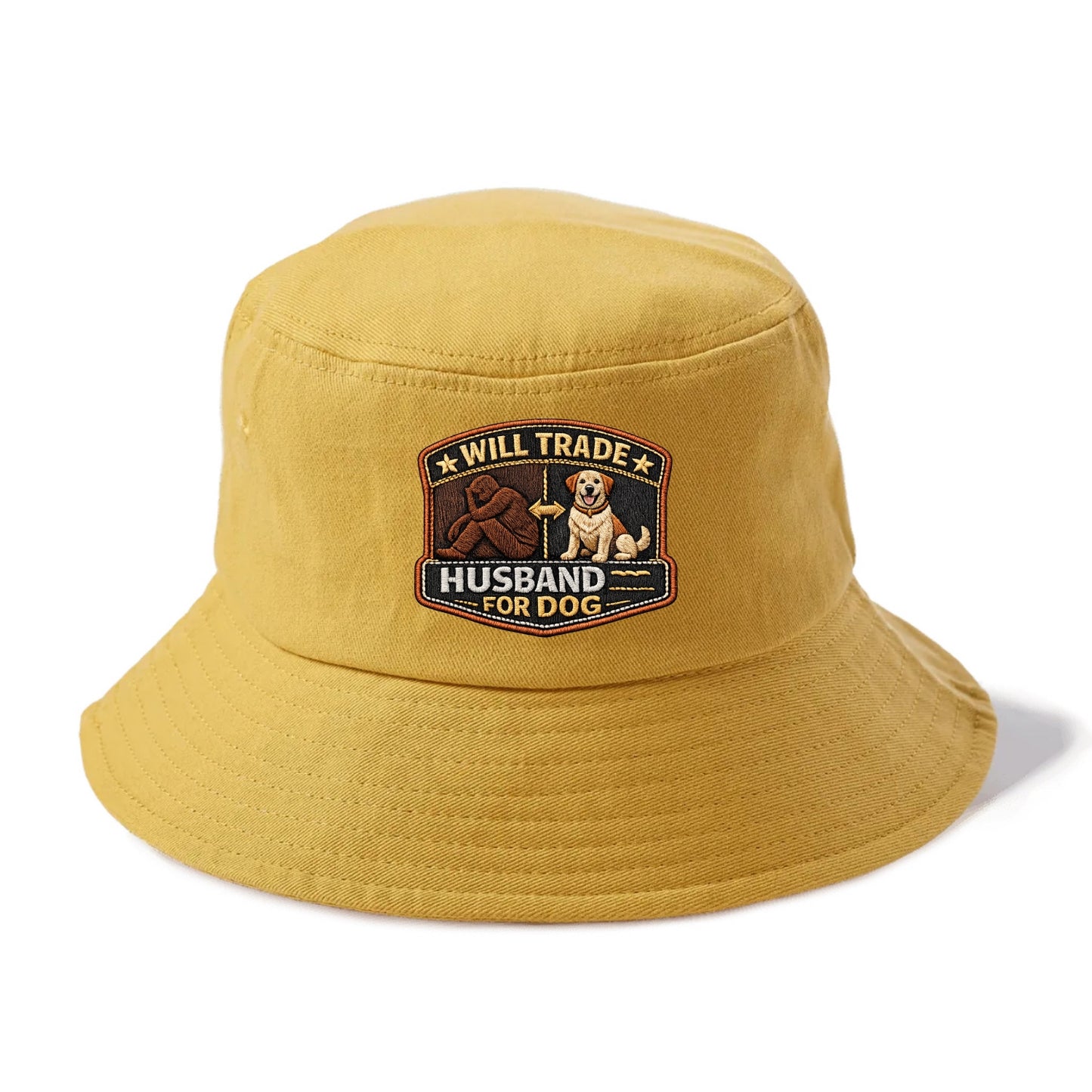 WILL TRADE HUSBAND FOR DOG - dog and man silhouette in brown , pet priority - Bucket Hat - Golden Harvest(Yellow)
