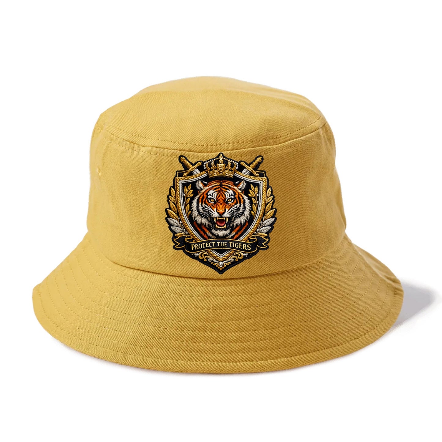 PROTECT THE TIGERS - tiger with shield in orange , big cat conservation - Bucket Hat - Golden Harvest(Yellow)