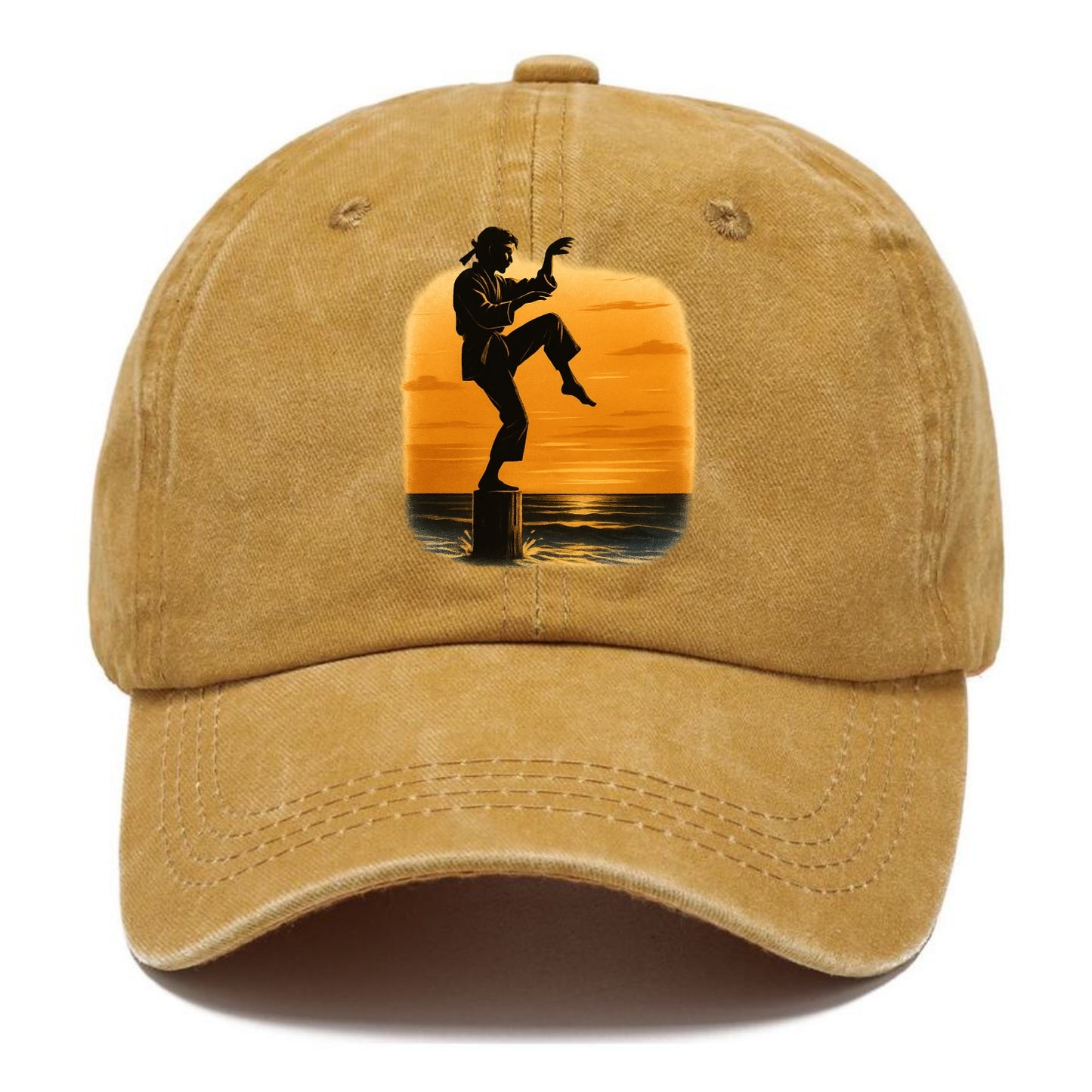 karate crane kick pose on wooden post at beach sunset - Classic Cap - Golden Harvest(Yellow)
