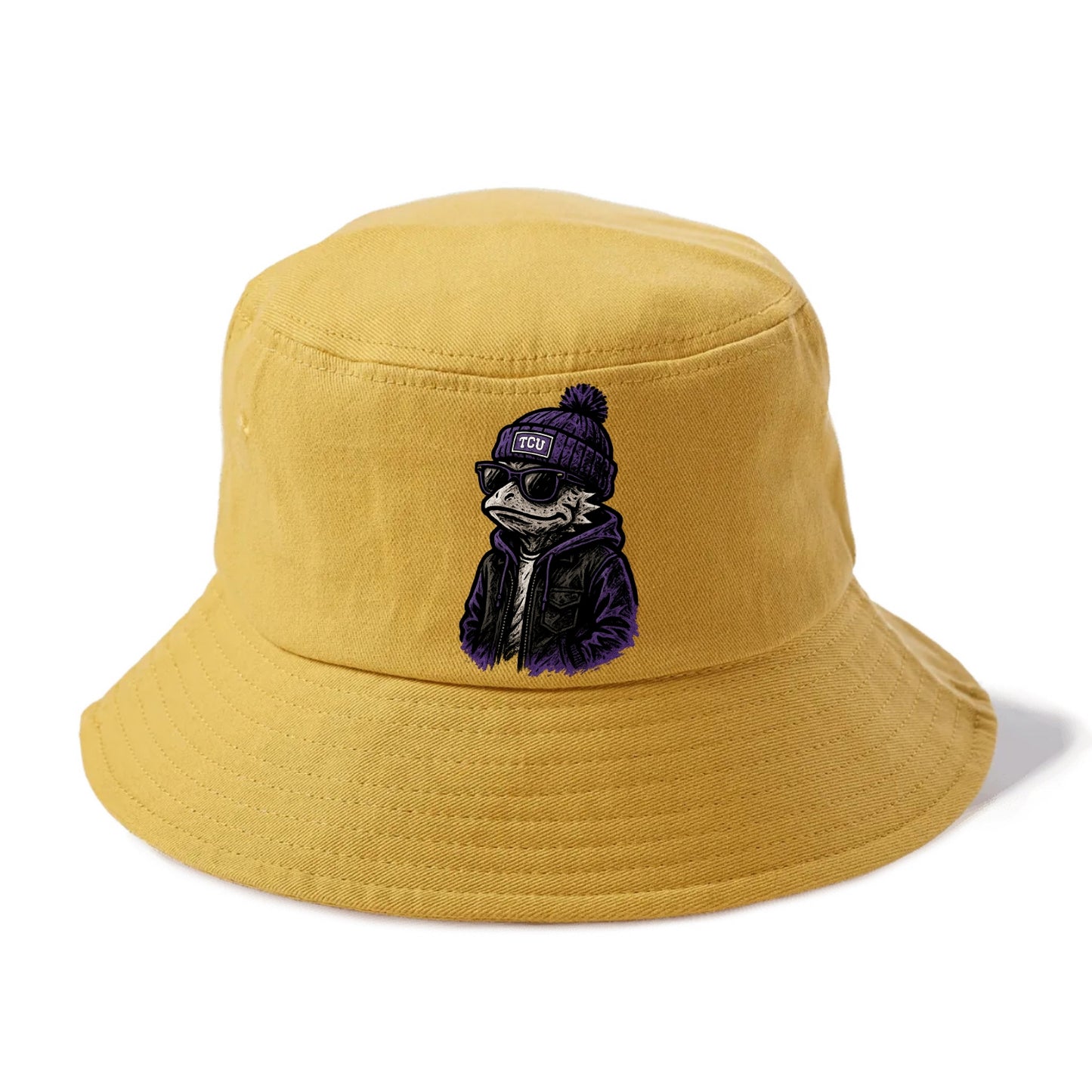 Fort Worth Frog wearing TCU beanie with horned patch - Bucket Hat - Golden Harvest(Yellow)