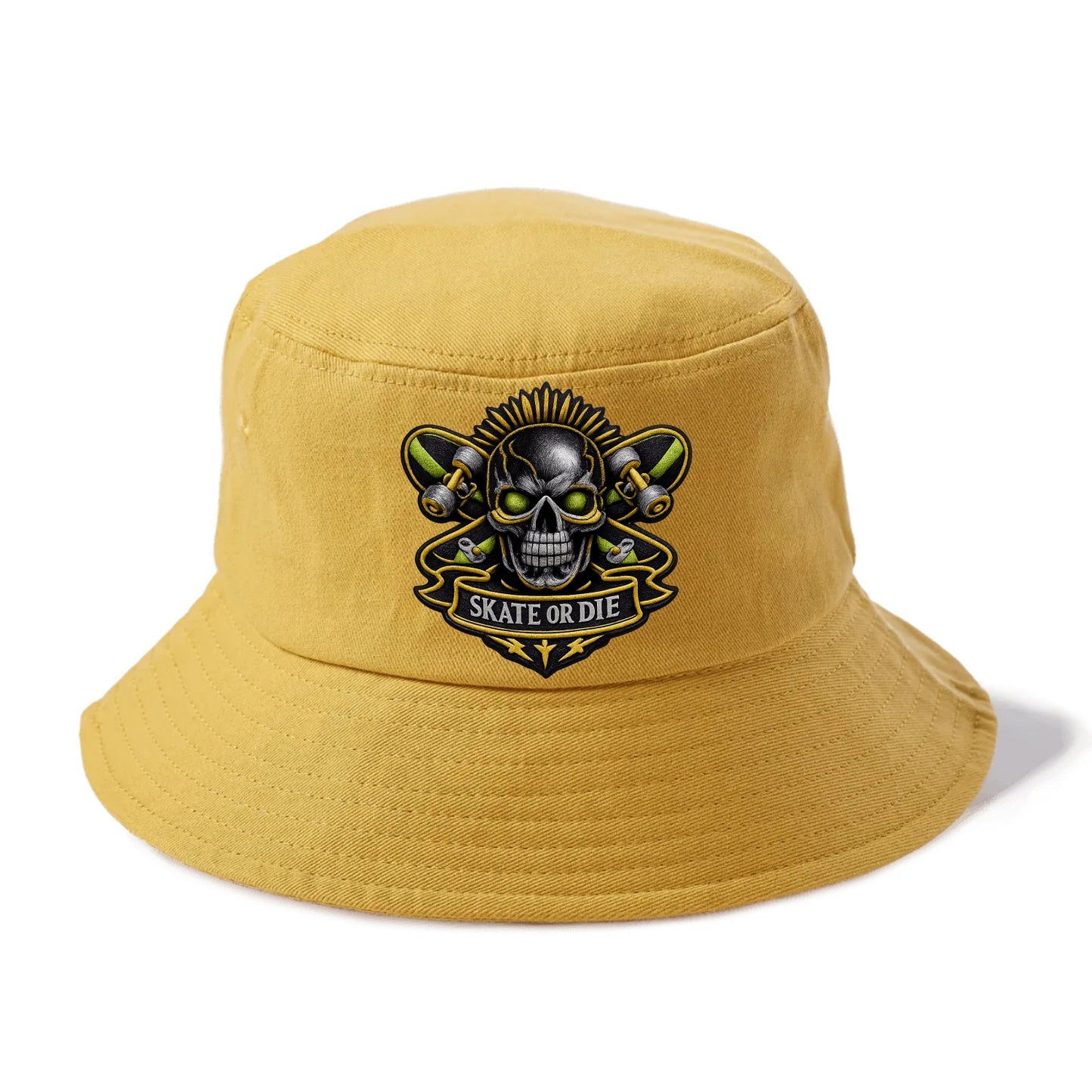 Embroidered patch design - SKATEBOARD SKULL - skull with skateboard in black and neon - Bucket Hat - Golden Harvest(Yellow)