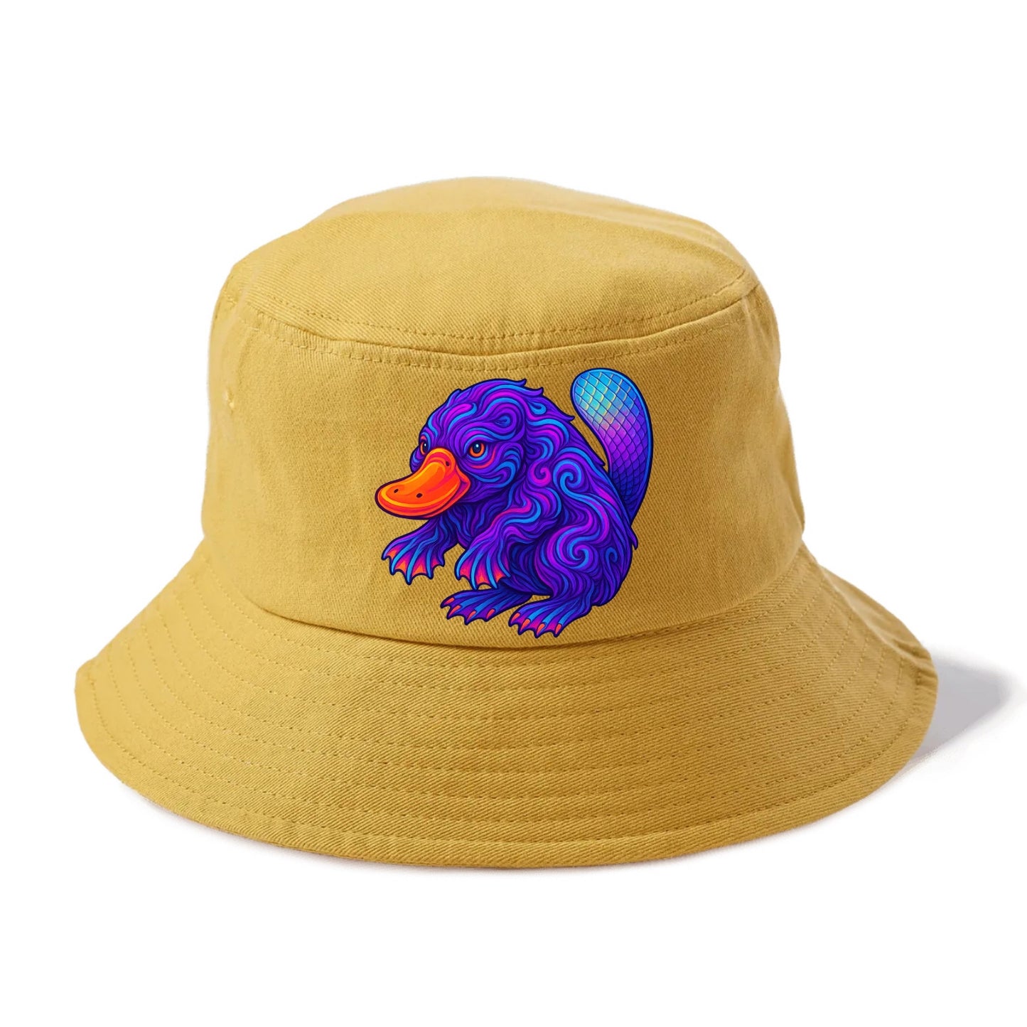 Quirky platypus with bill glowing in neon orange, beaver tail with holographic scales, - Bucket Hat - Golden Harvest(Yellow)