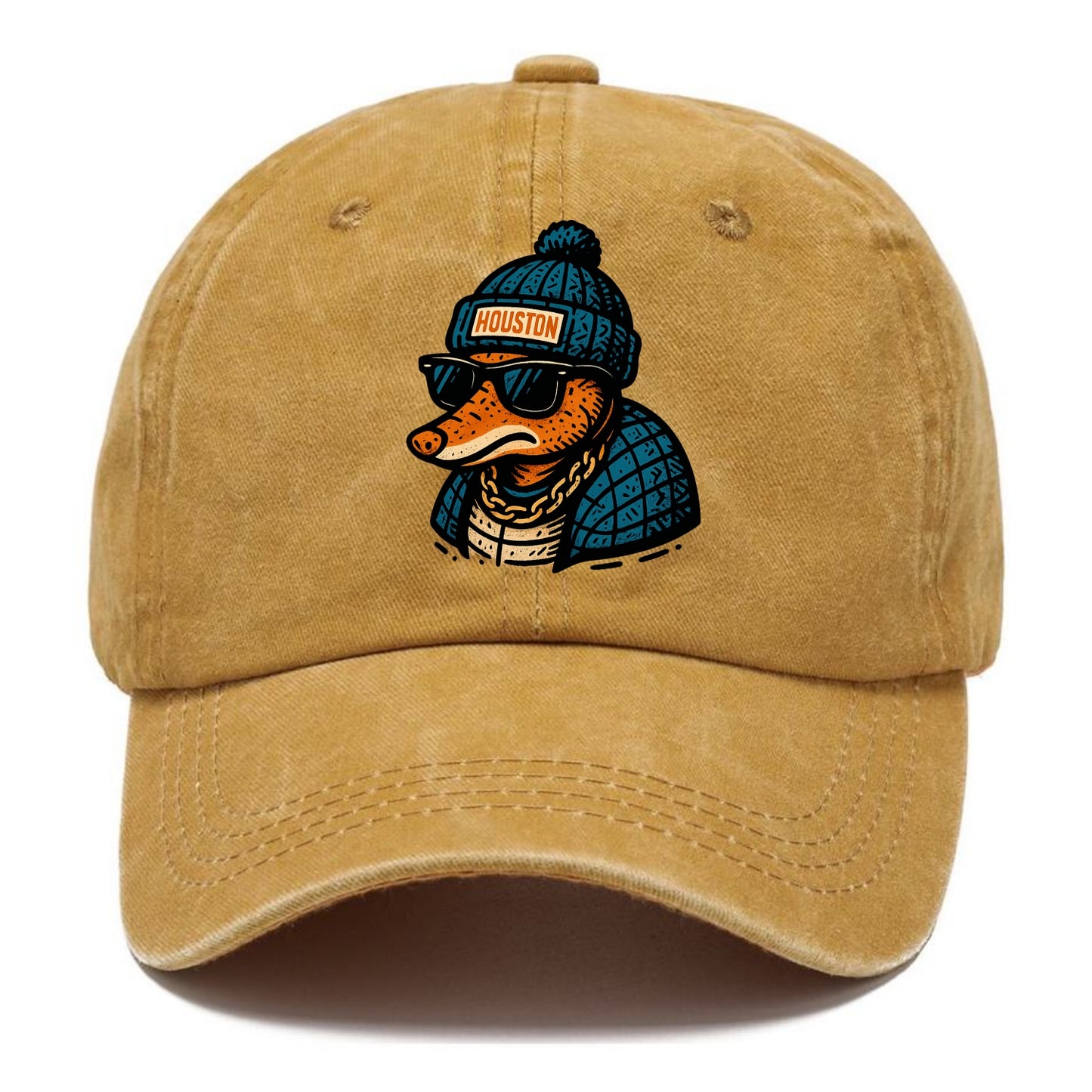 Houston Armadillo wearing Houston beanie with pom pom and wayfarer sunglasses - Classic Cap - Golden Harvest(Yellow)
