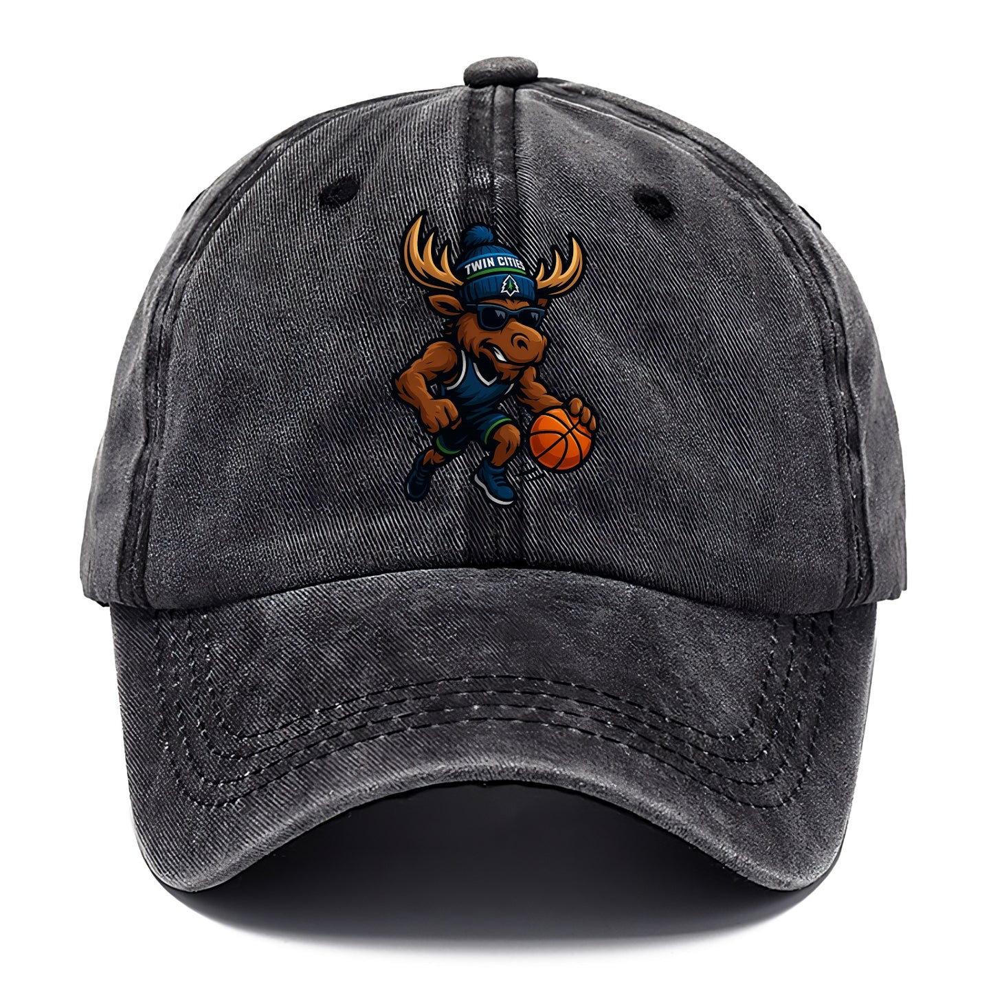 Twin Cities Moose wearing Timberwolves beanie with pine tree patch and wayfarer - Classic Cap - Graphite