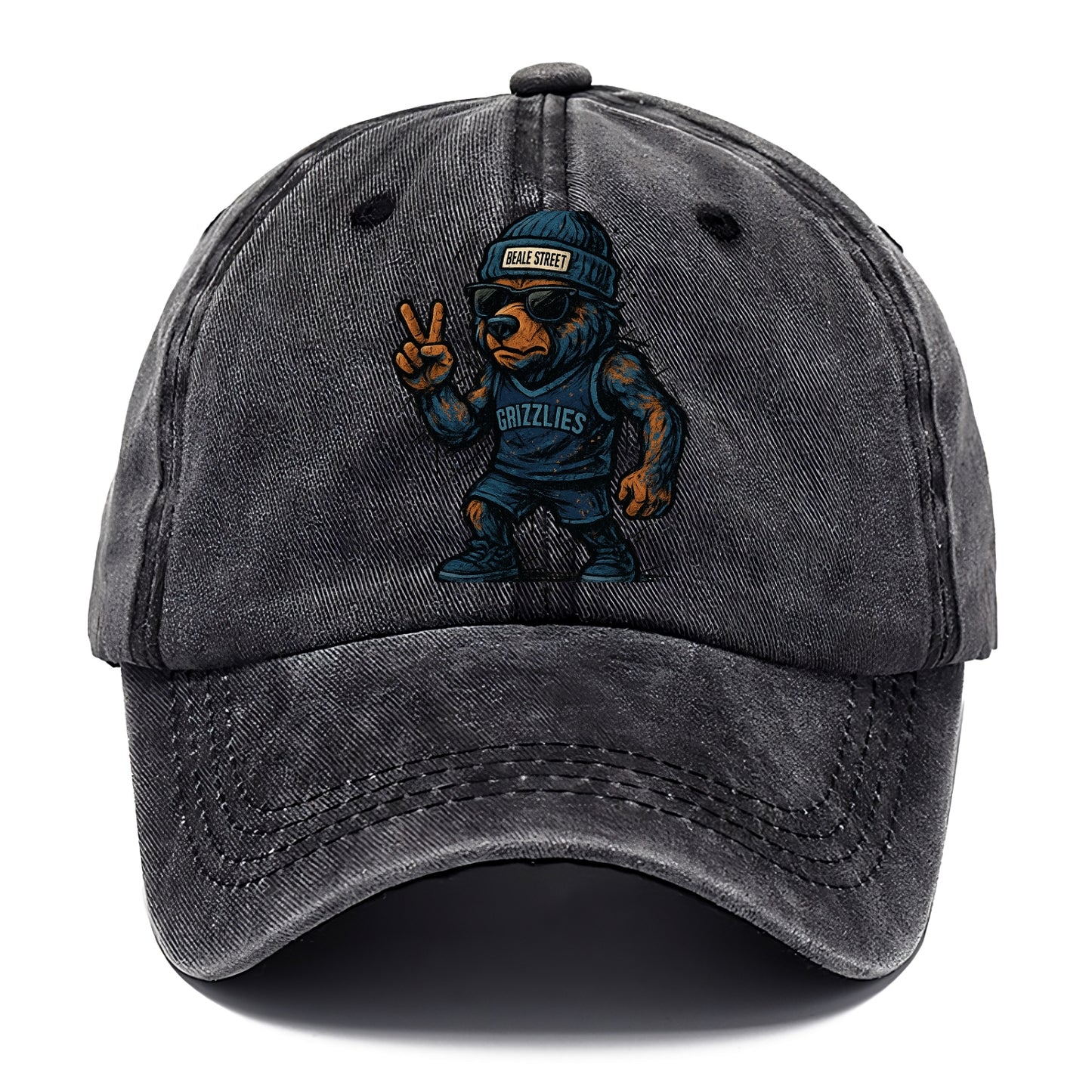 Memphis Grizzly Bear wearing Grizzlies navy and light blue beanie with Beale Street - Classic Cap - Graphite
