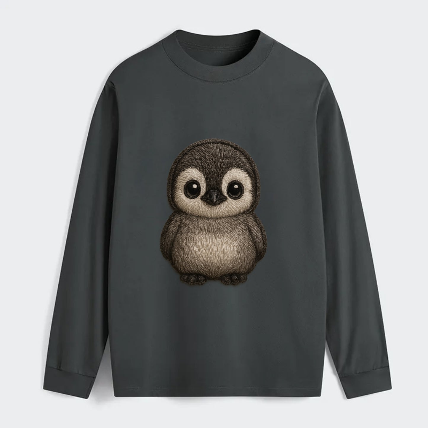 Baby Penguin Chick - gray fluffy, white face, round body, front-facing, - Classic Long Sleeve Shirt - Gray