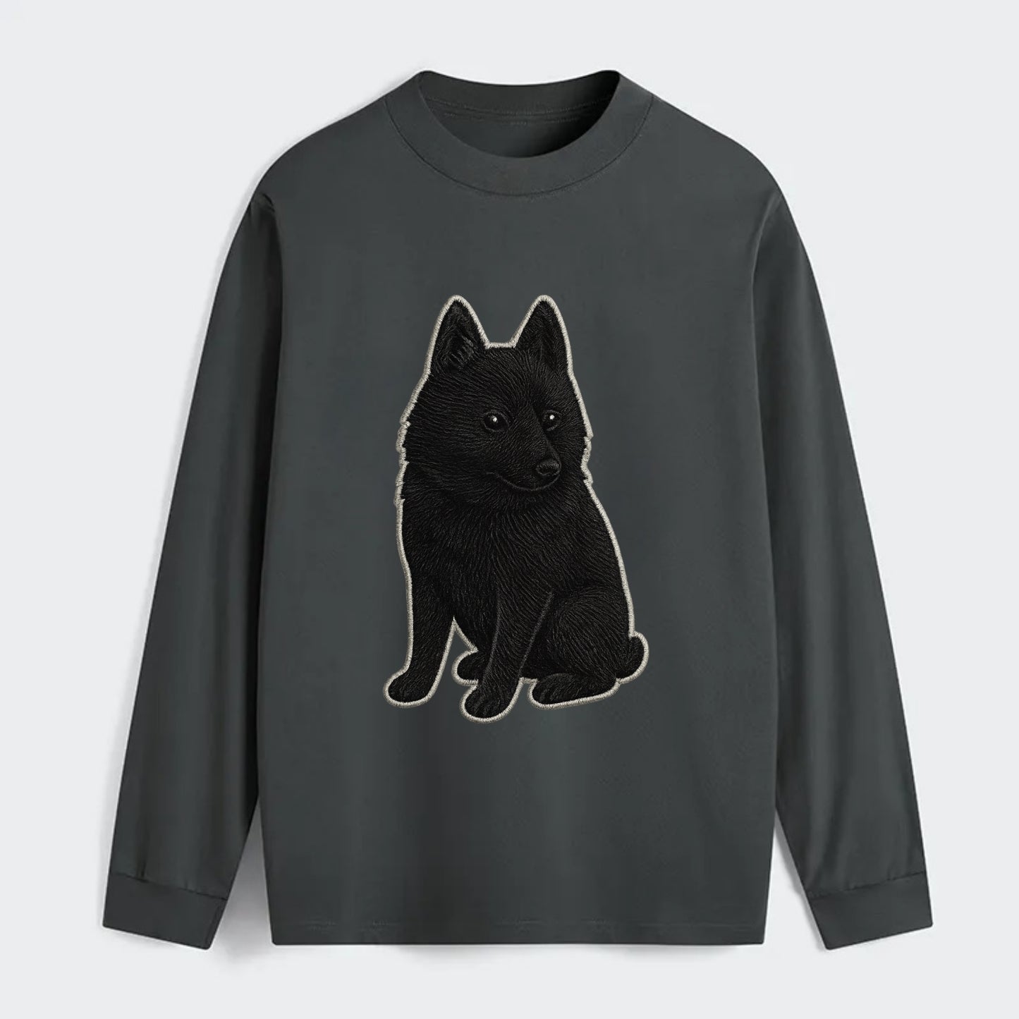 Schipperke - Solid black small embroidered sitting pose - Classic Long Sleeve Shirt - Gray