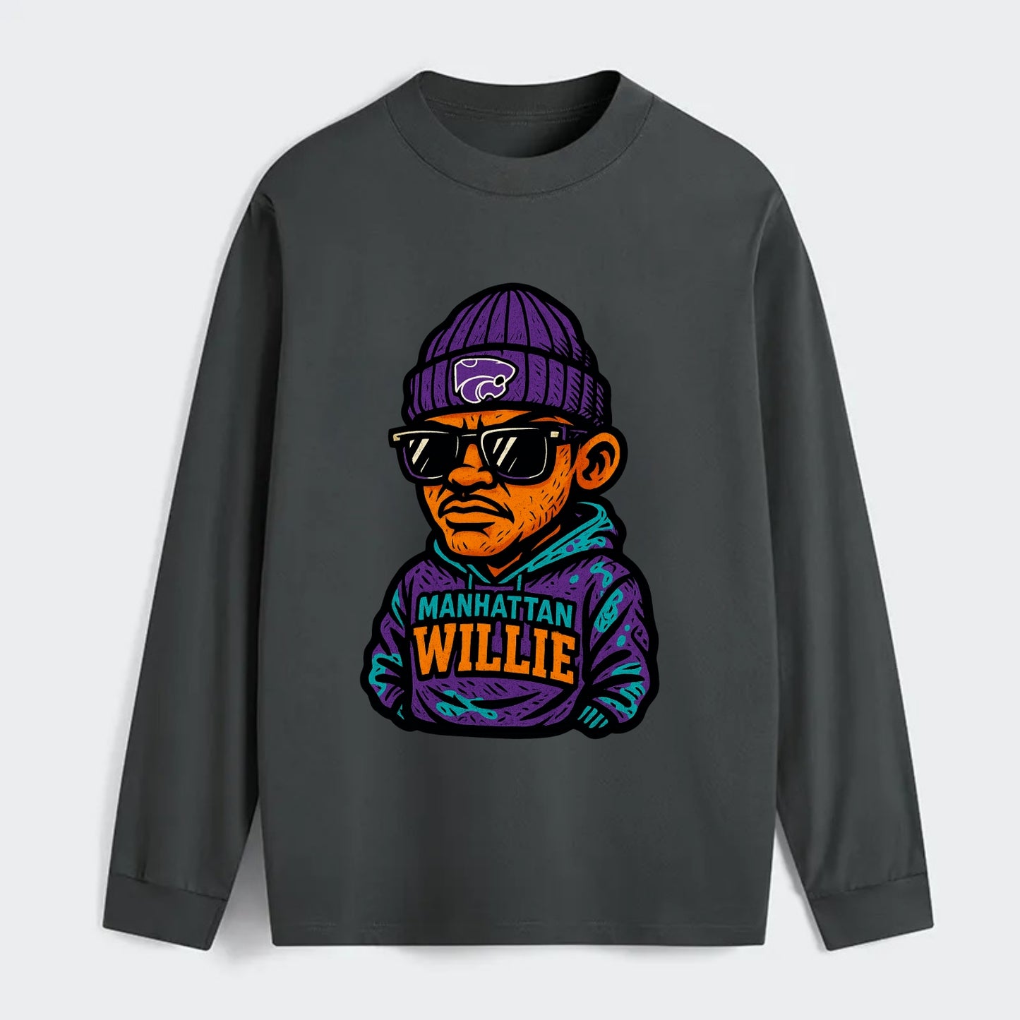 Manhattan Willie wearing Kansas State beanie with powercat patch - Classic Long Sleeve Shirt - Gray