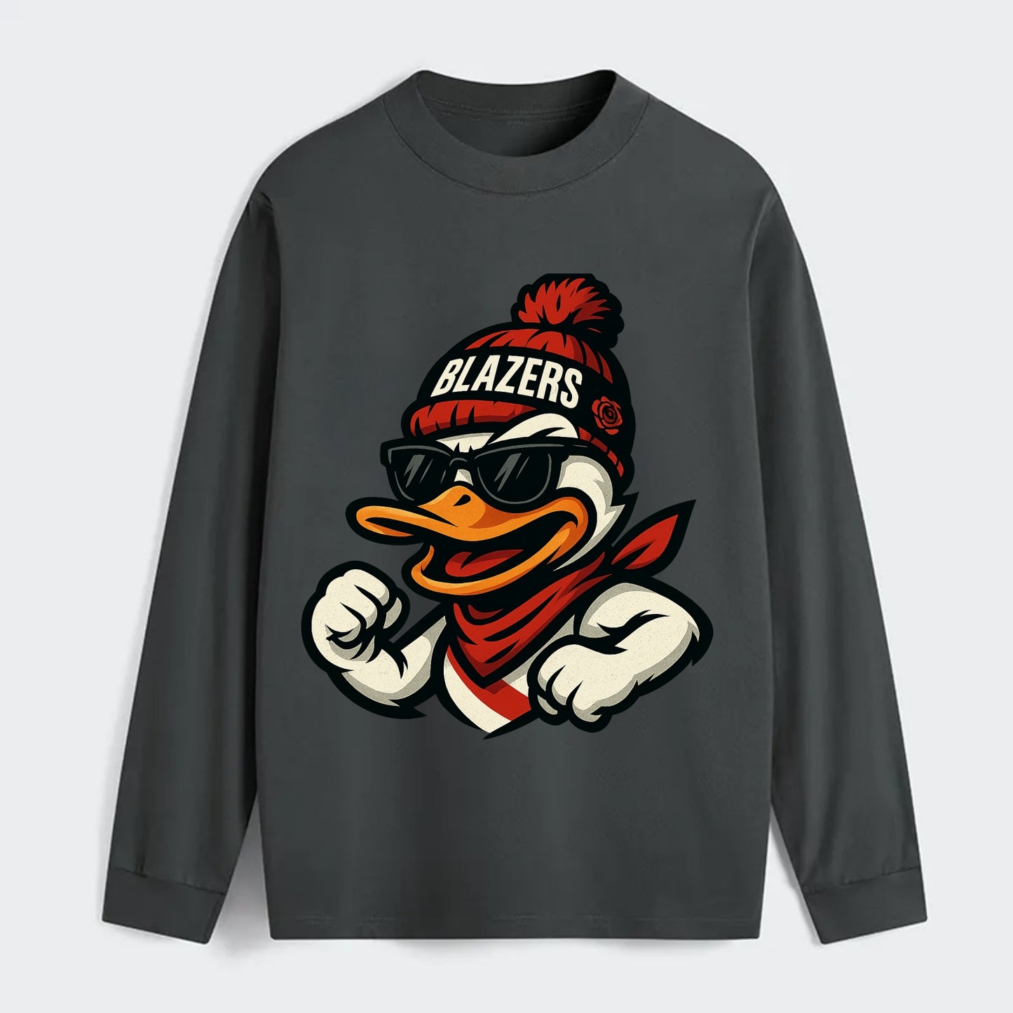 Oregon Duck wearing Trail Blazers beanie with rose patch and wayfarer - Classic Long Sleeve Shirt - Gray