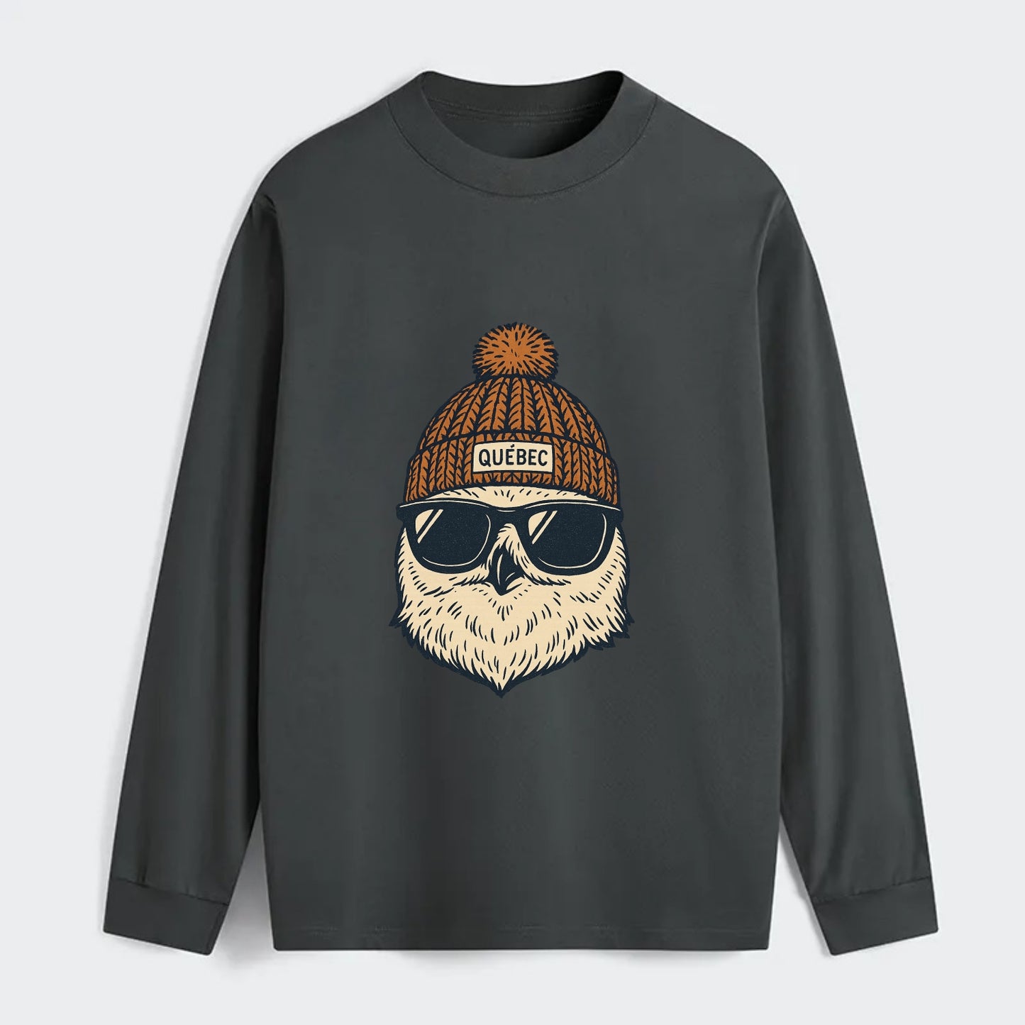 Quebec City Snowy Owl wearing Quebec beanie with pom pom and wayfarer - Classic Long Sleeve Shirt - Gray