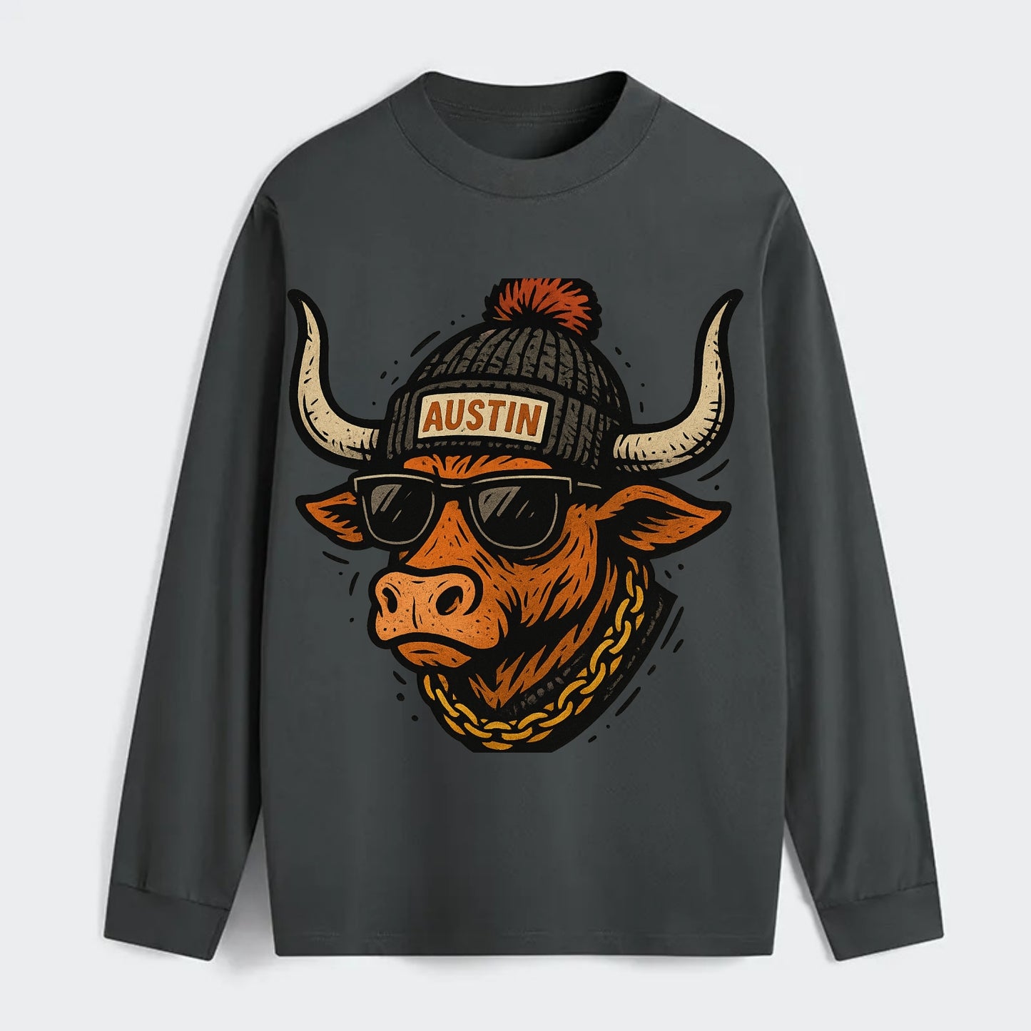Texas Longhorn wearing Austin beanie with pom pom and wayfarer - Classic Long Sleeve Shirt - Gray
