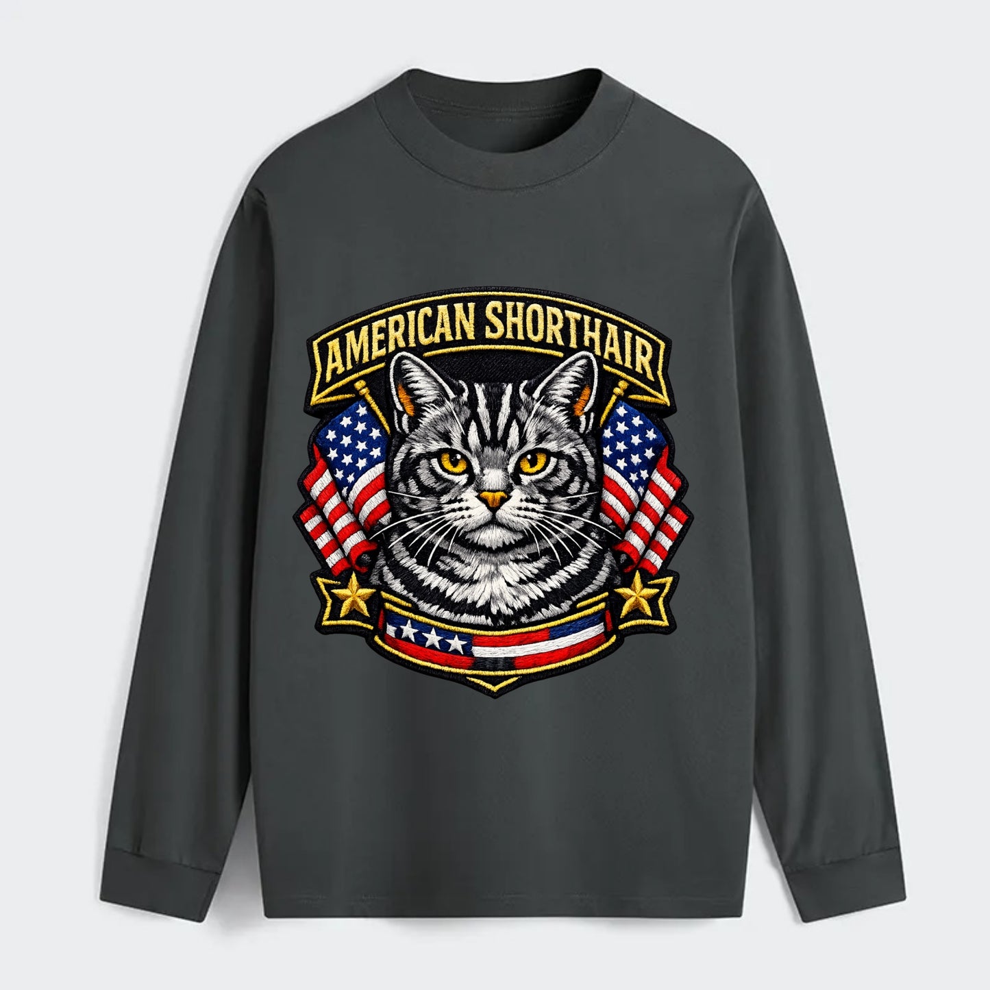 AMERICAN SHORTHAIR - classic american cat in silver tabby , - Classic Long Sleeve Shirt - Gray