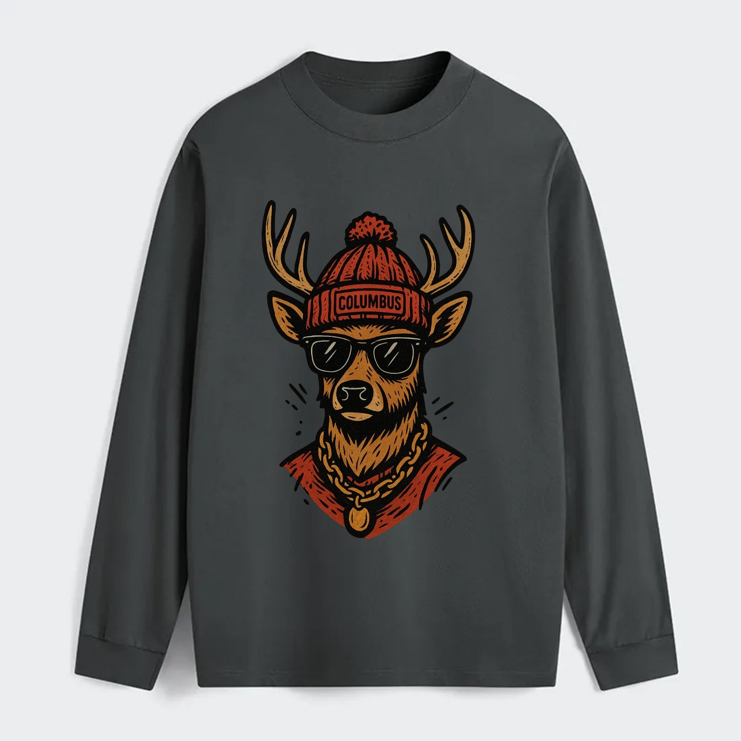 Columbus White-tailed Deer wearing Columbus beanie with pom pom and - Classic Long Sleeve Shirt - Gray