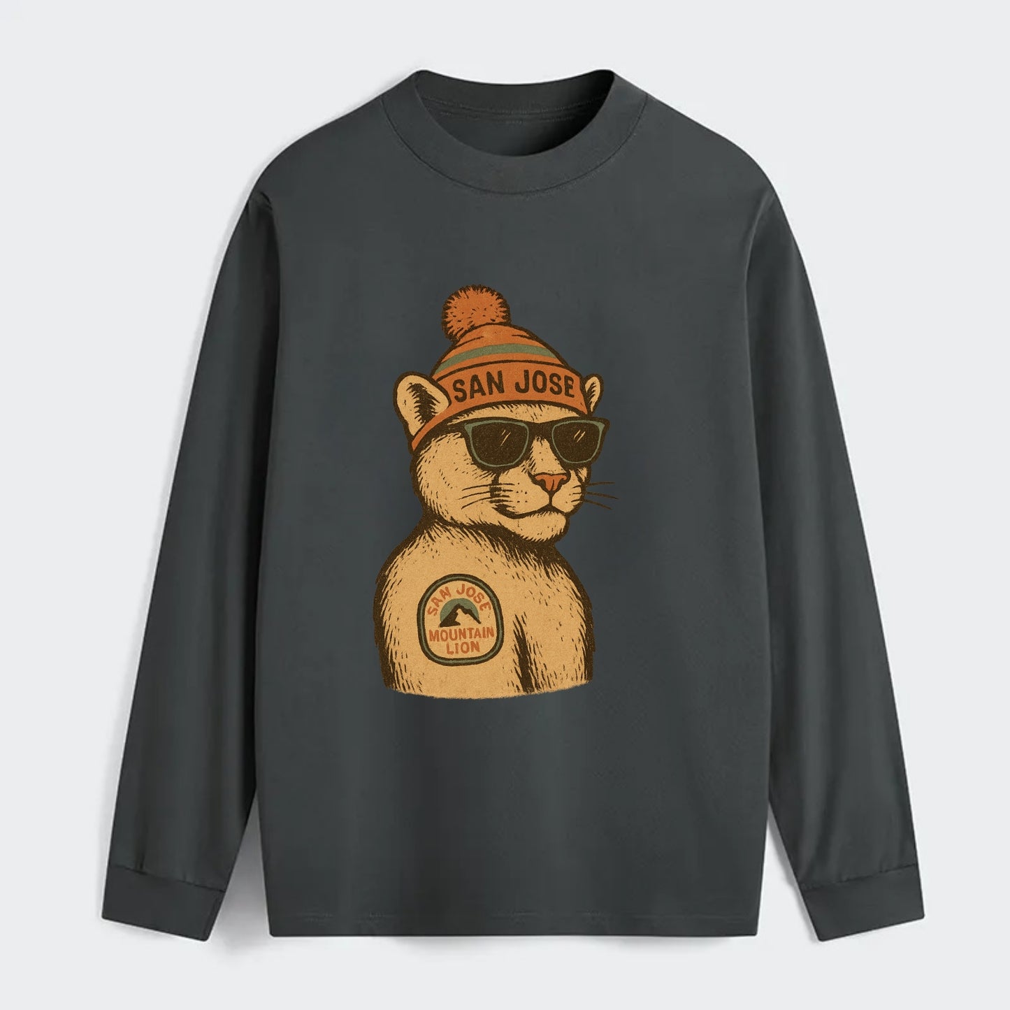 San Jose Mountain Lion wearing San Jose beanie with pom pom and - Classic Long Sleeve Shirt - Gray