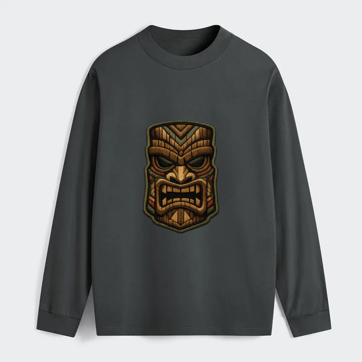 TIKI MASK - carved totem in brown and red , Polynesian - Classic Long Sleeve Shirt - Gray