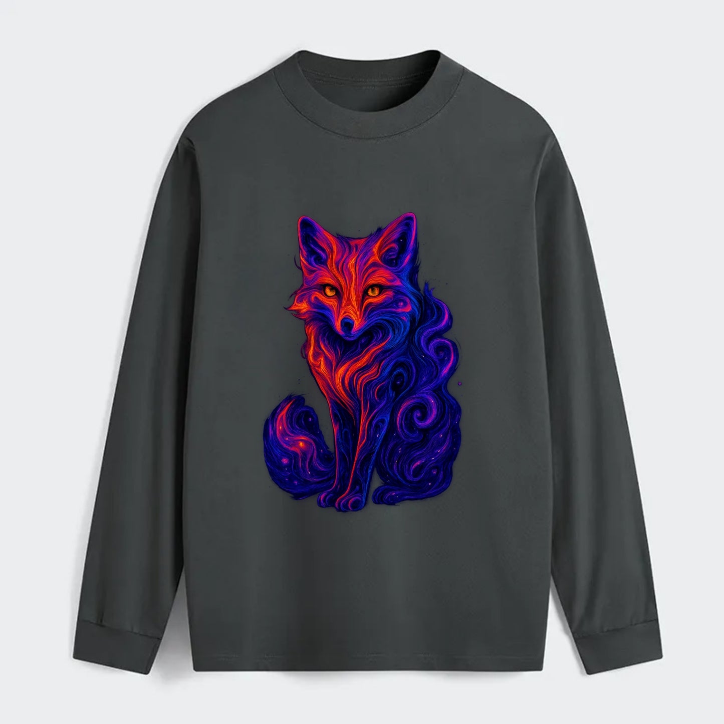 Clever fox with tail dissolving into cosmic nebula swirls, orange to - Classic Long Sleeve Shirt - Gray