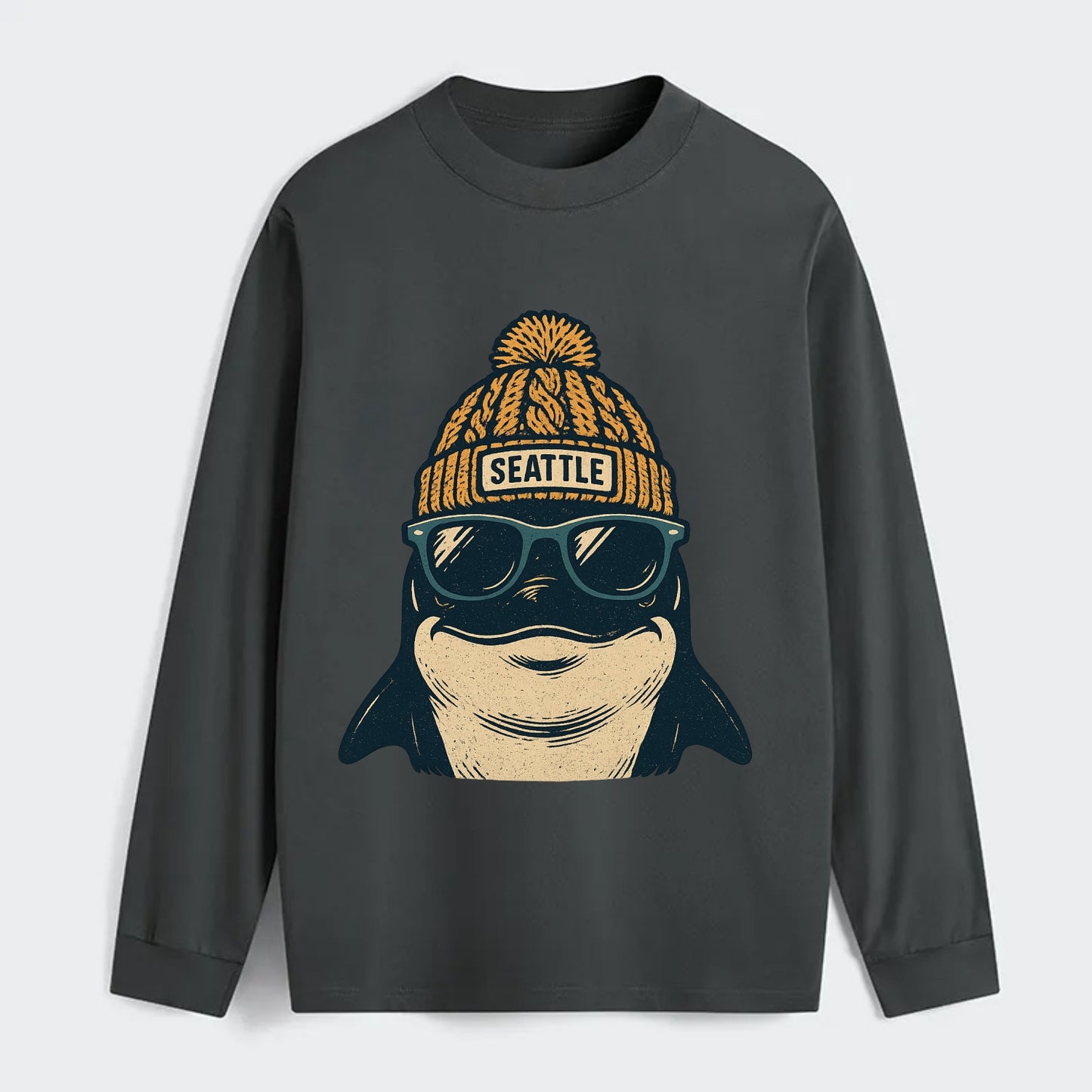 Seattle Orca wearing Seattle beanie with pom pom and wayfarer sunglasses - Classic Long Sleeve Shirt - Gray